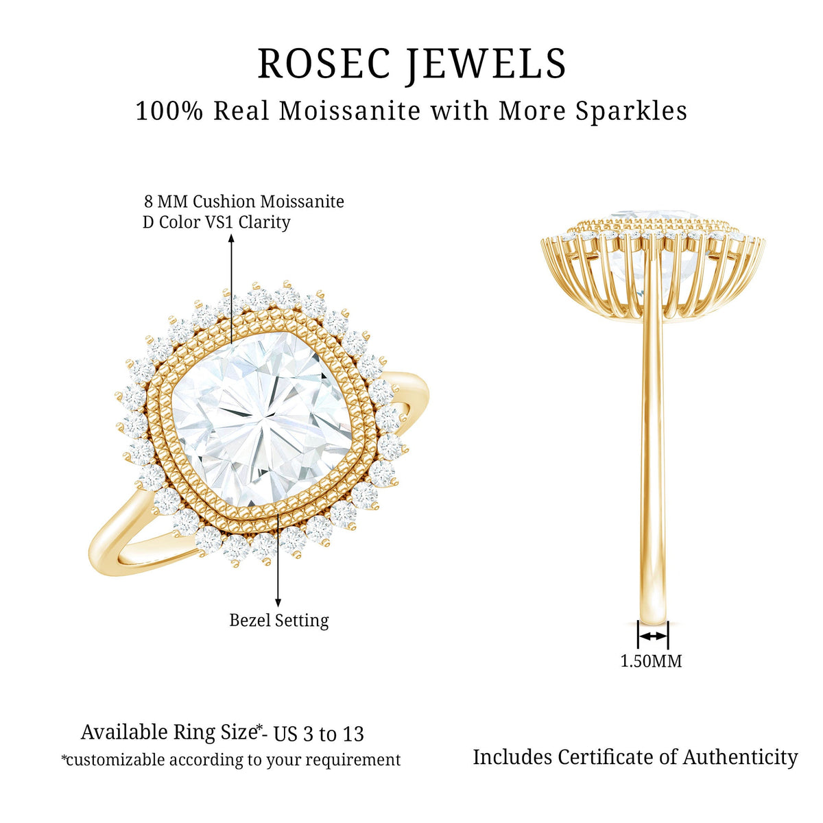 Certified Moissanite Cushion Cut Engagement Ring with Beaded Detail
