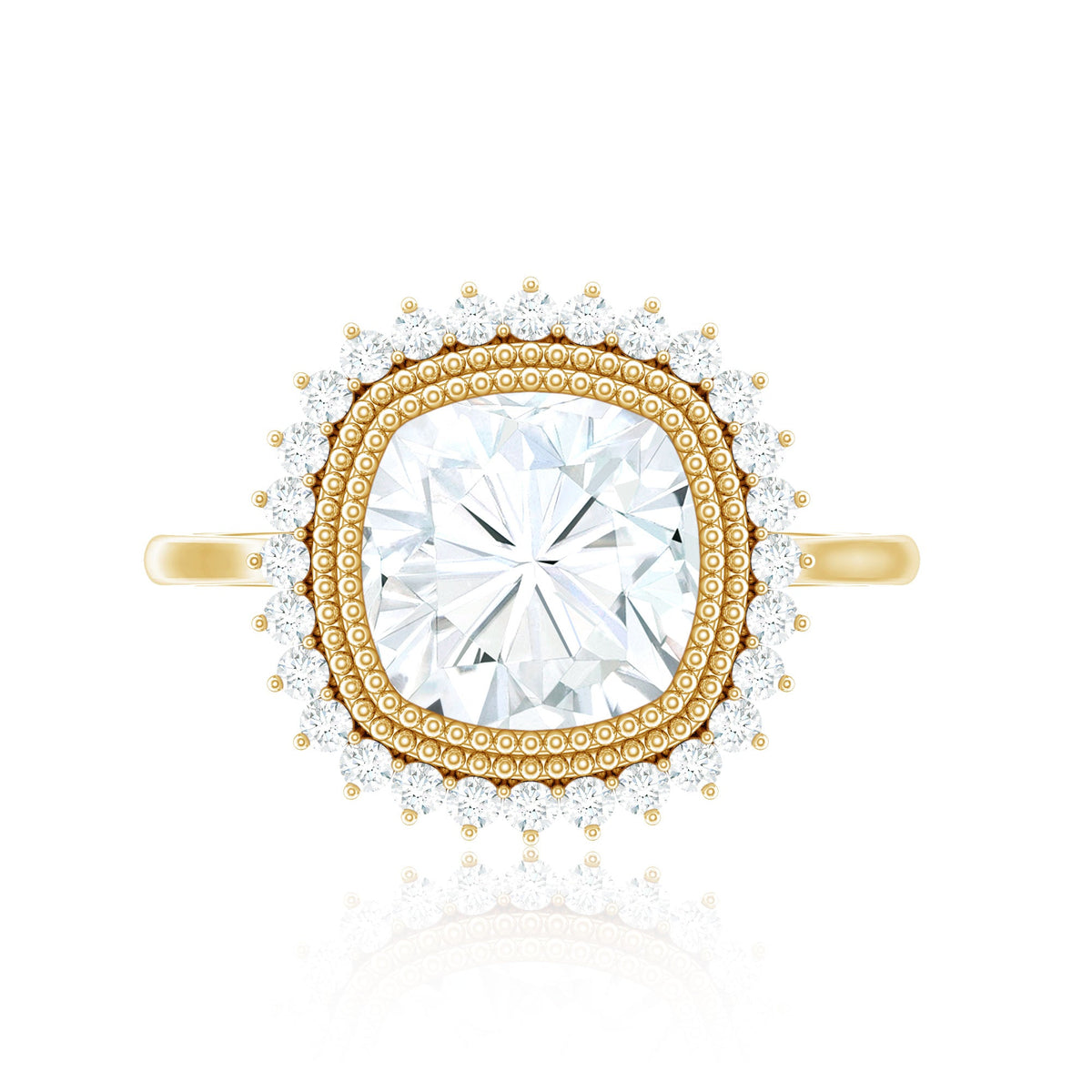 Certified Moissanite Cushion Cut Engagement Ring with Beaded Detail