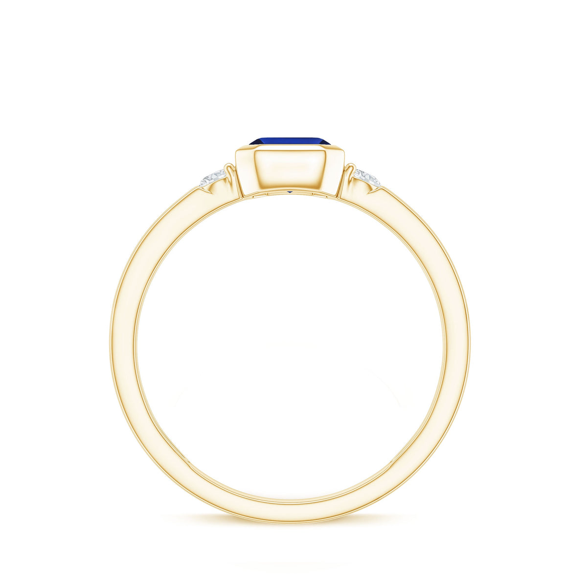Bezel Set 1.75 Carat Lab Grown Blue Sapphire Emerald Cut Engagement Ring with Diamond