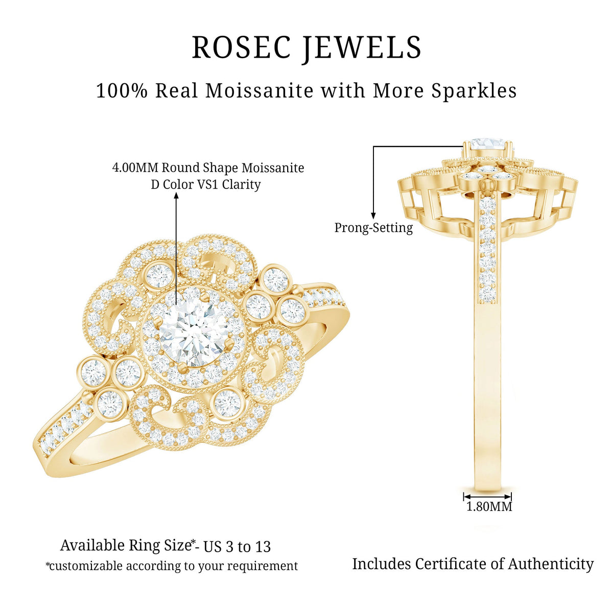 Certified Moissanite Antique Looking Engagement Ring for Women