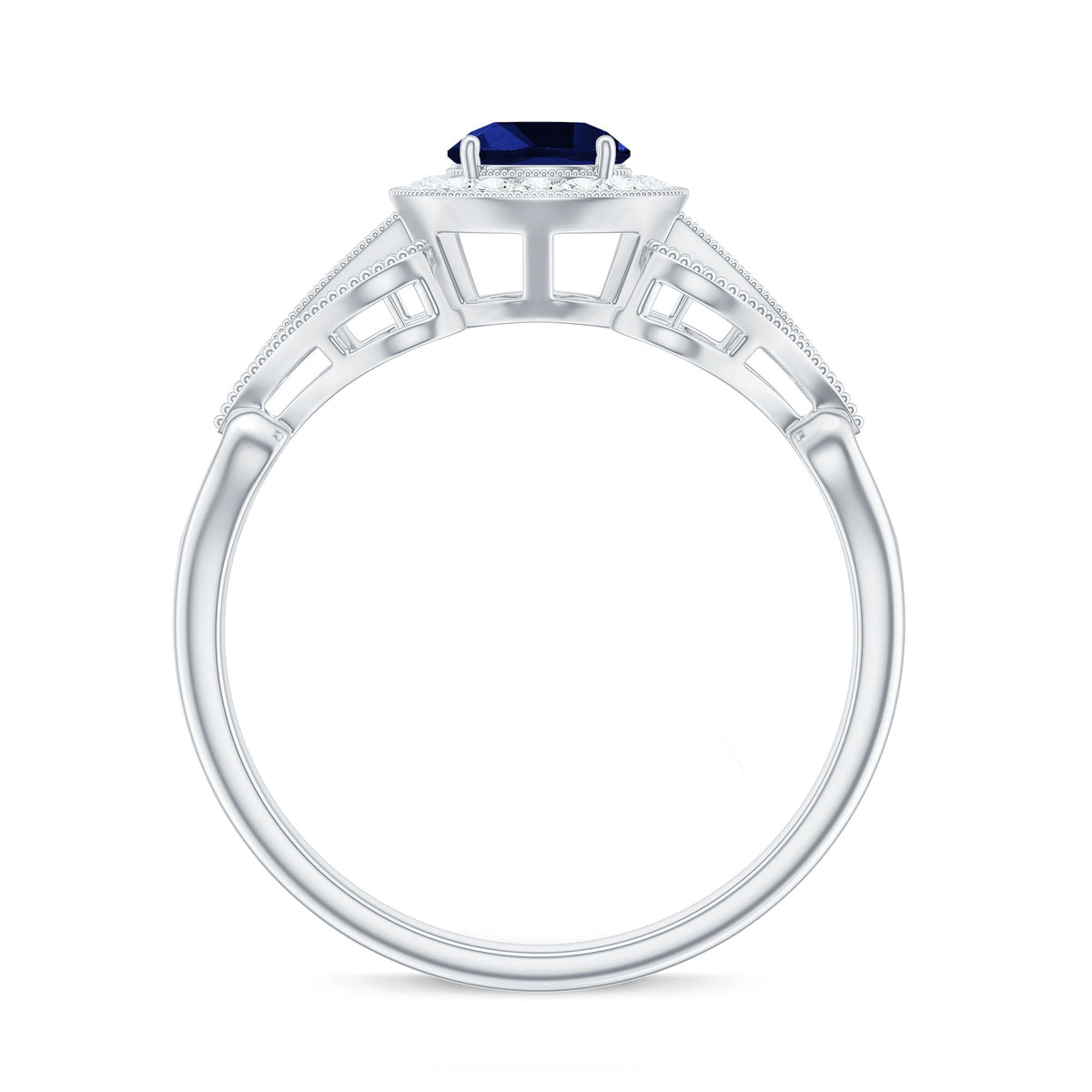 Certified 0.6 Carat Lab Grown Blue Sapphire Retro Engagement Ring with Diamond