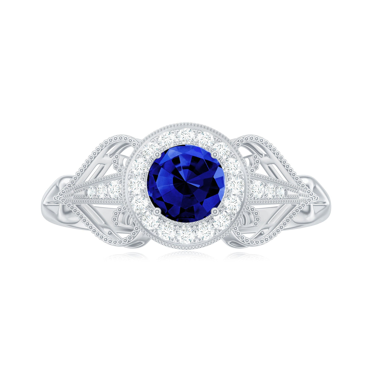 Certified 0.6 Carat Lab Grown Blue Sapphire Retro Engagement Ring with Diamond