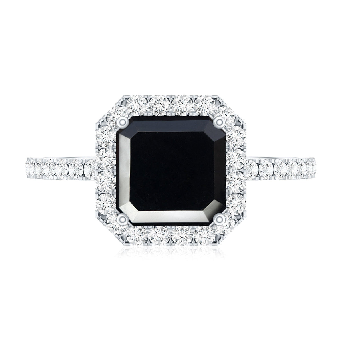 Certified Asscher Cut Black Onyx and Diamond Engagement Ring