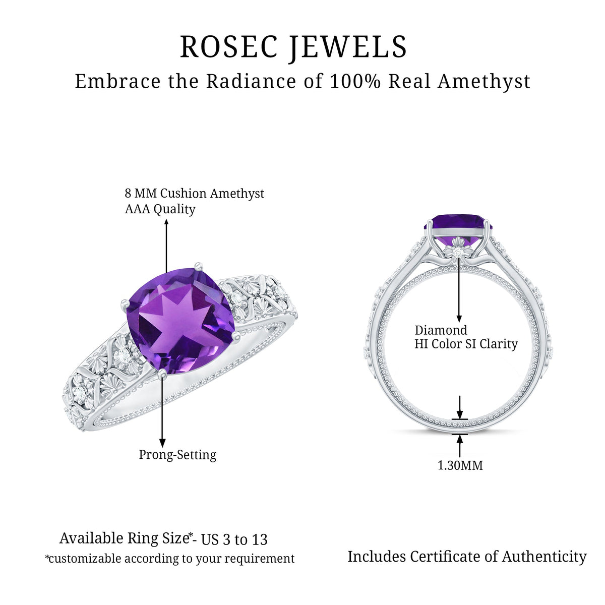 Vintage Inspired 2 Carat Amethyst Cushion Cut Engagement Ring with Diamond