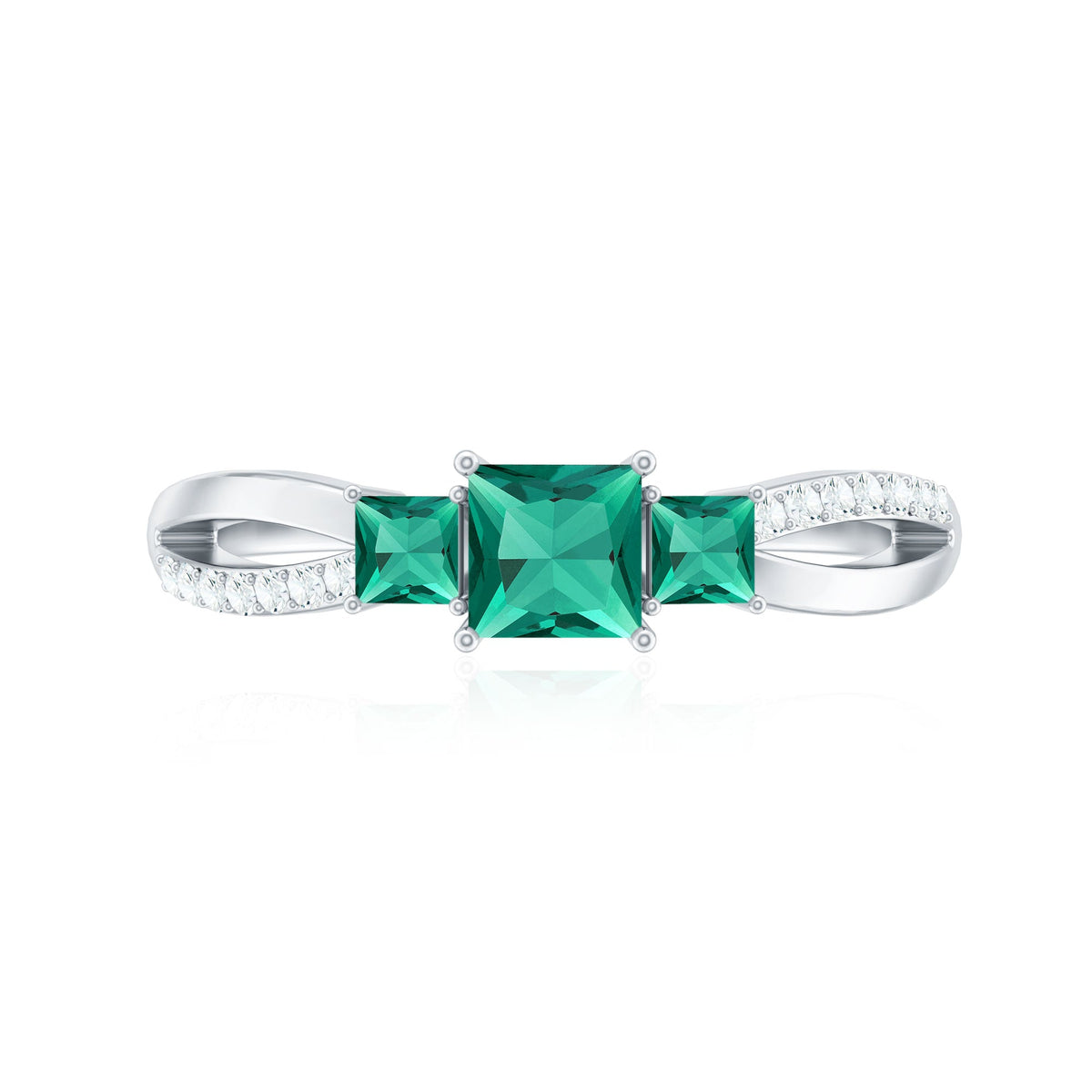 Certified Princess Cut Lab Grown Emerald 3 Stone Promise Ring with Diamond