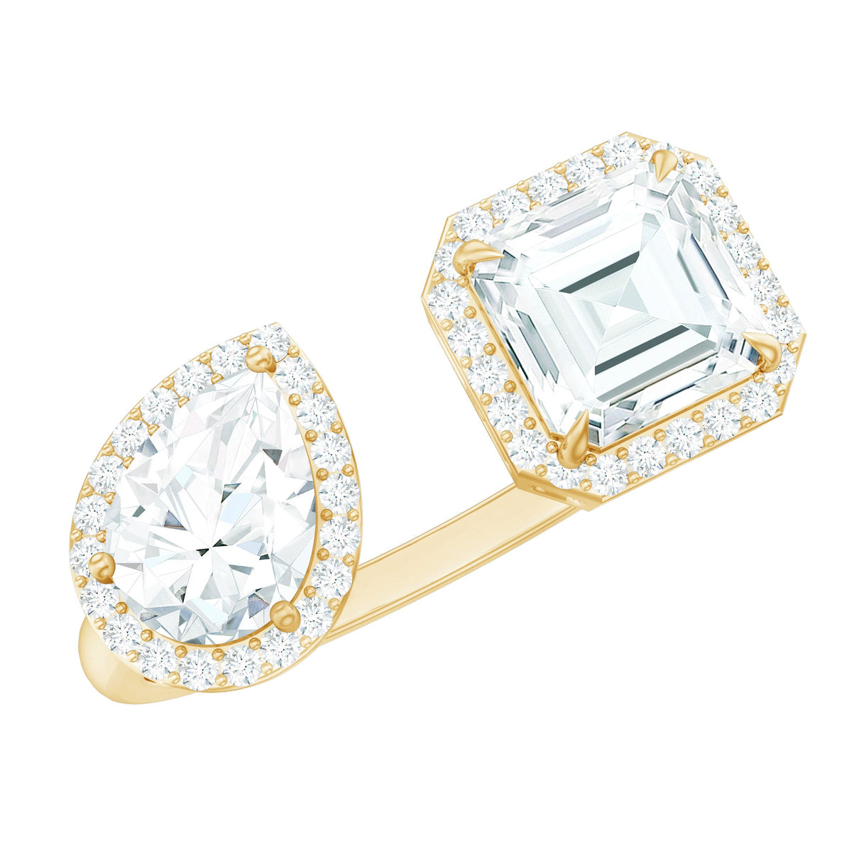 Asscher and Pear Cut Moissanite Two Stone Engagement Ring