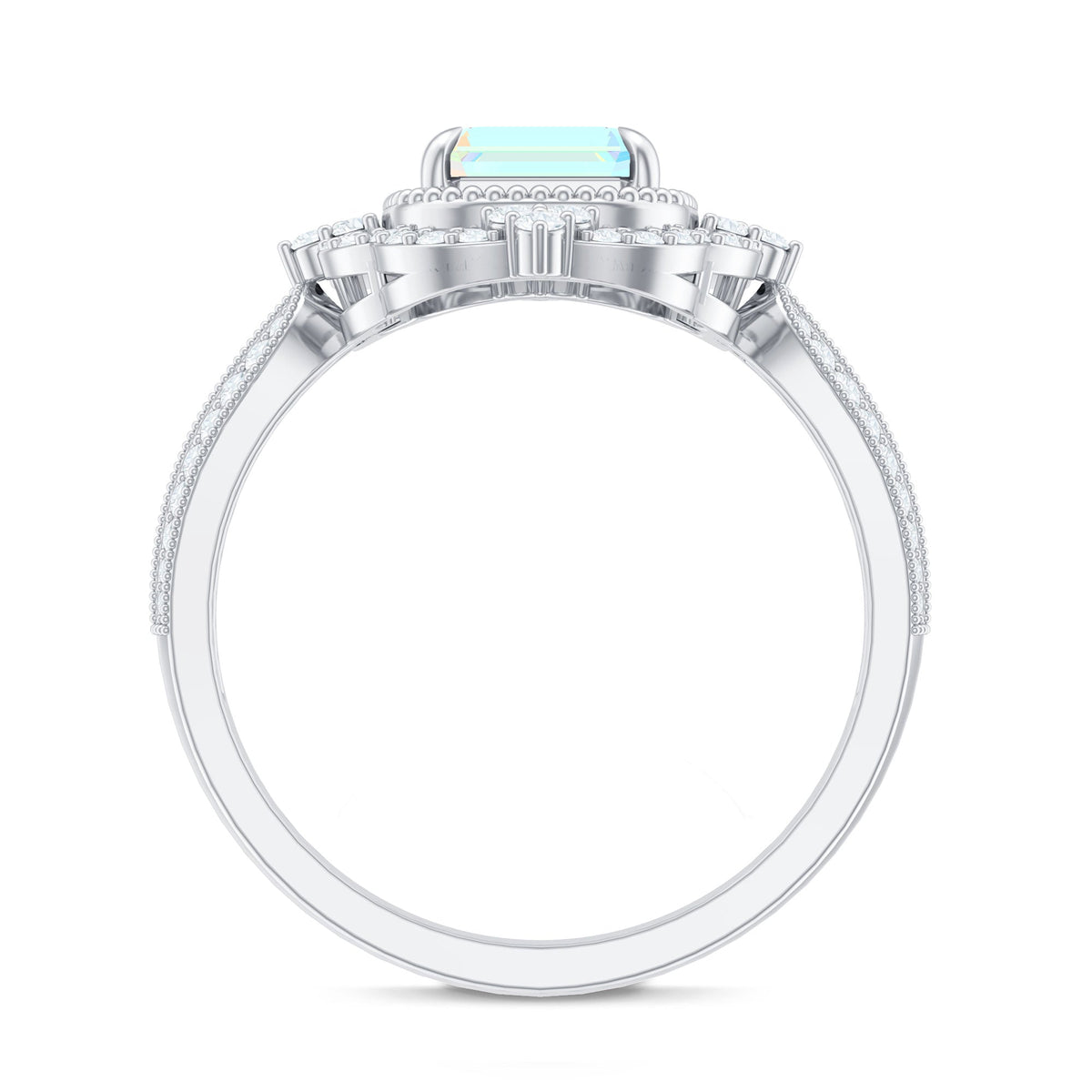 Real 2 Carat Emerald Cut Opalescent Antique Looking Engagement Ring with Diamond Halo