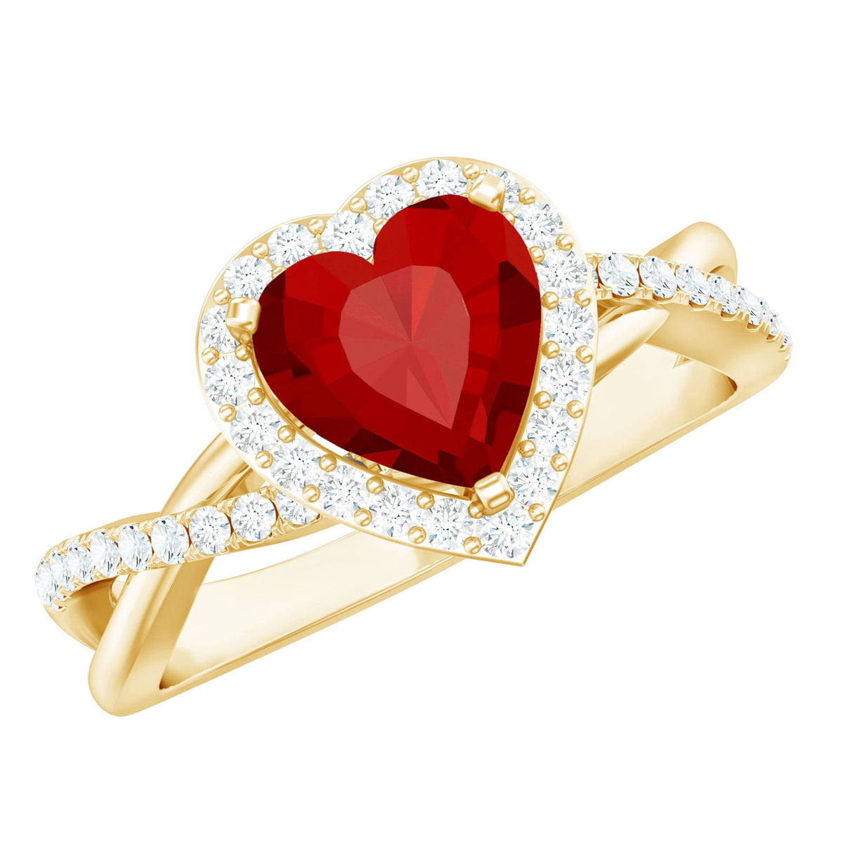 Heart Shaped Lab Created Ruby Crossover Engagement Ring with Natural Diamonds