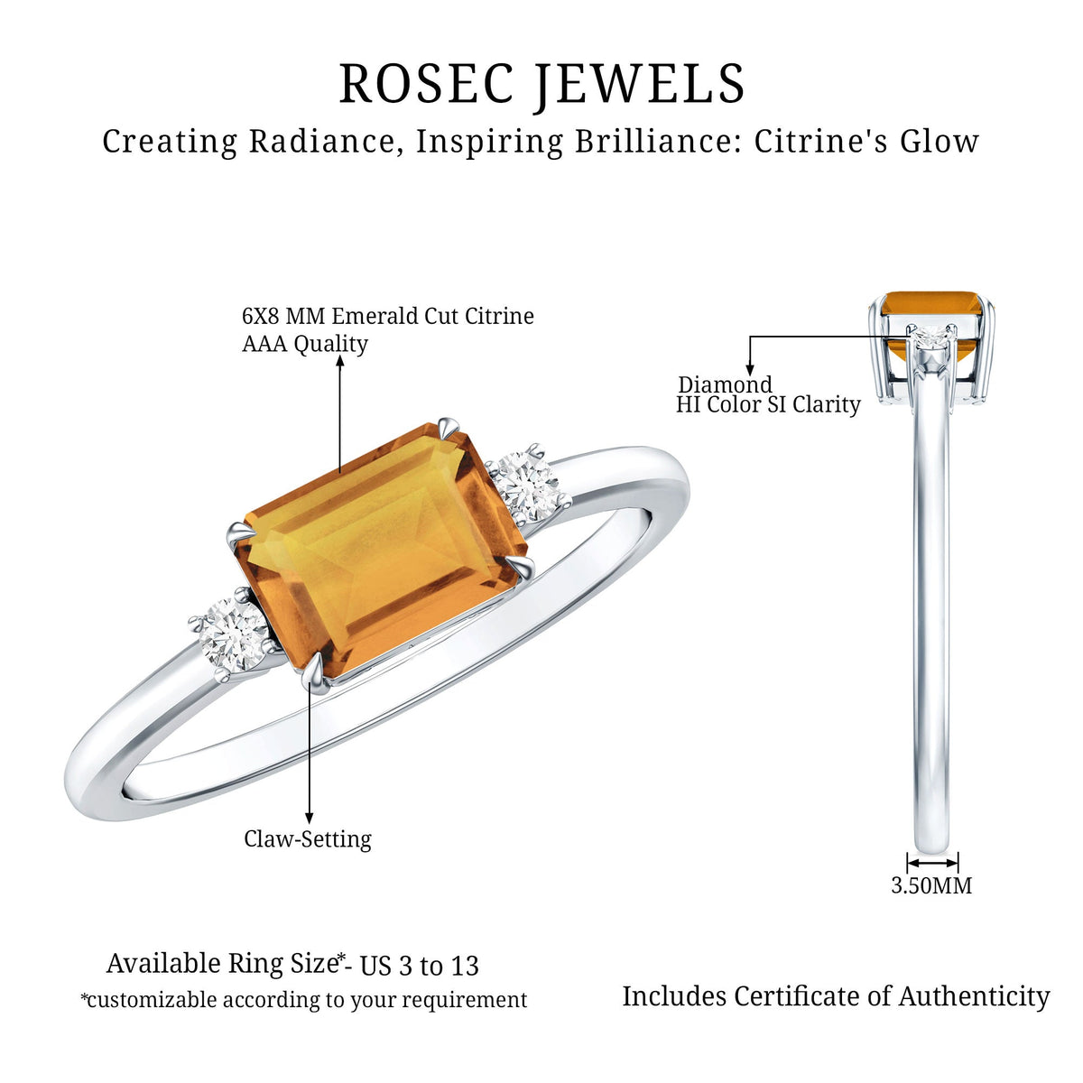 Natural Emerald Cut Citrine East West Engagement Ring with Diamond