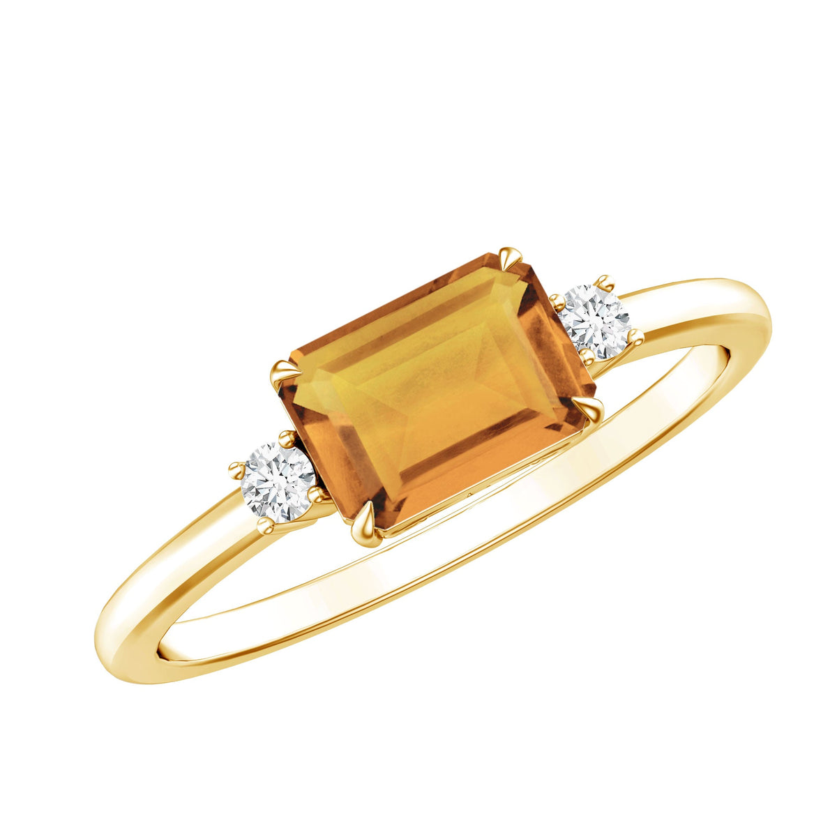 Natural Emerald Cut Citrine East West Engagement Ring with Diamond