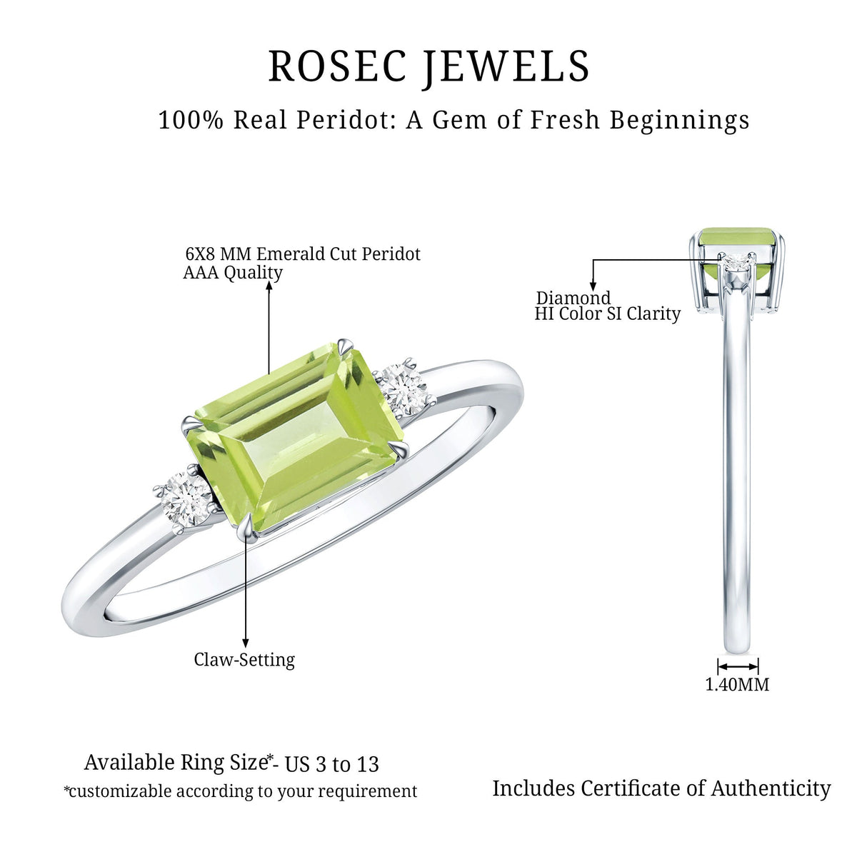 Real 1.8 Carat Peridot Emerald Cut Engagement Ring with Diamond in East West Style