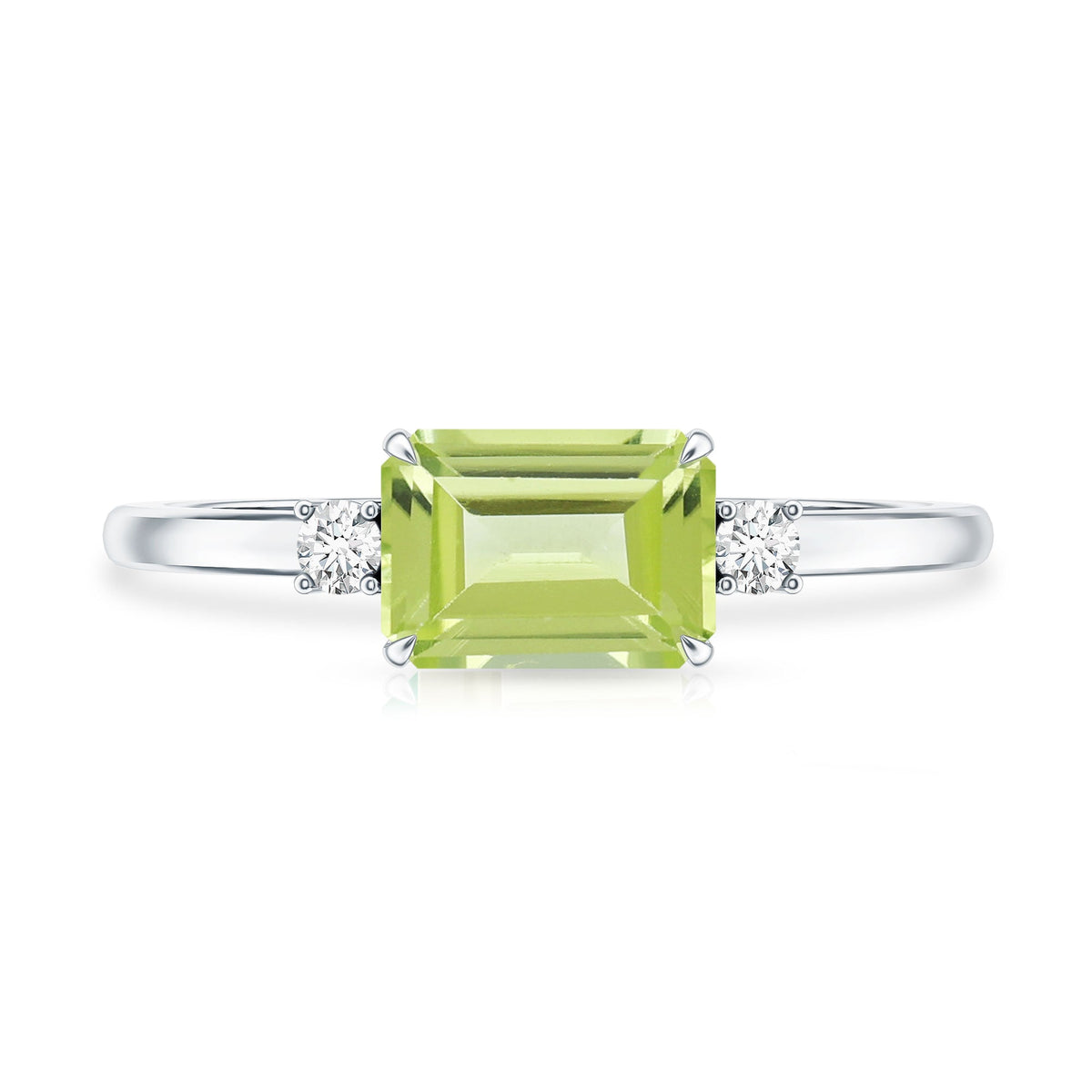 Real 1.8 Carat Peridot Emerald Cut Engagement Ring with Diamond in East West Style