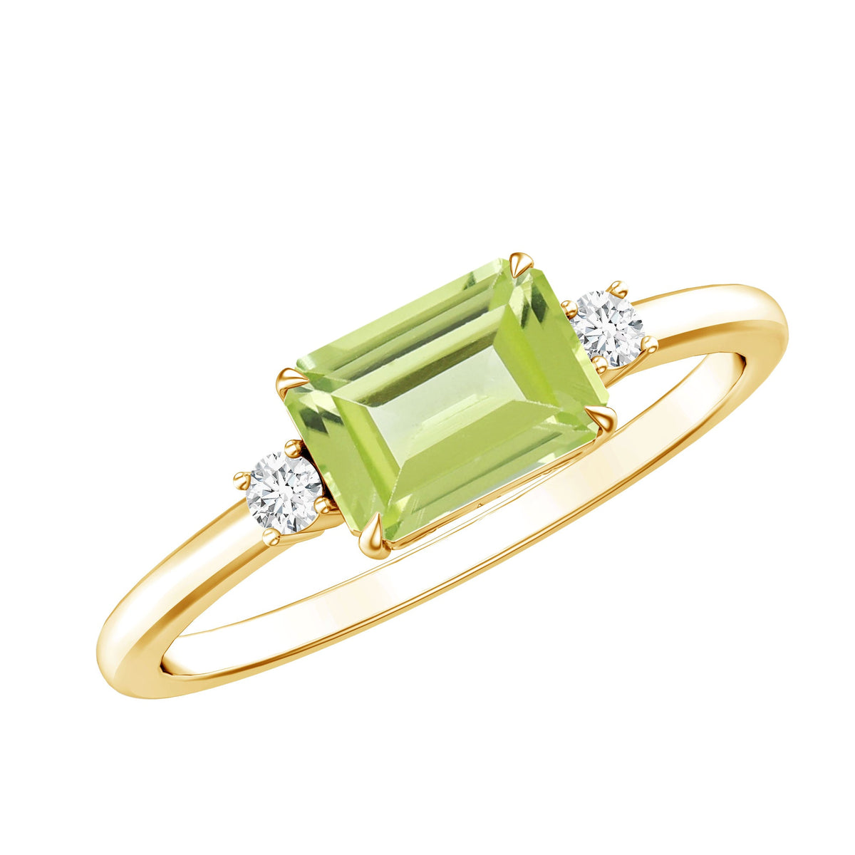 Real 1.8 Carat Peridot Emerald Cut Engagement Ring with Diamond in East West Style