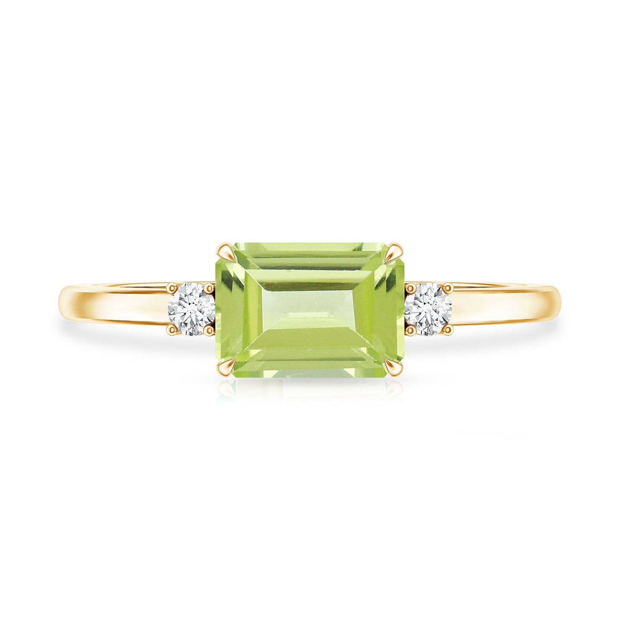 Real 1.8 Carat Peridot Emerald Cut Engagement Ring with Diamond in East West Style