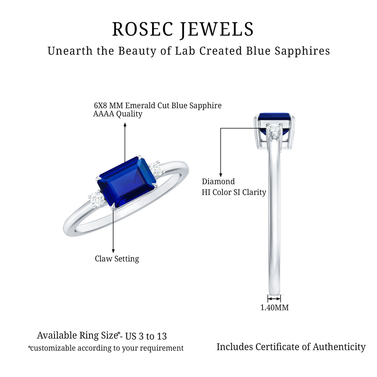 Octagon Cut Created Blue Sapphire East West Engagement Ring with Diamond