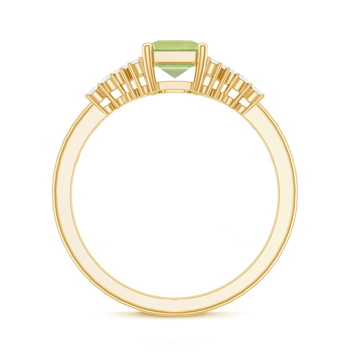 Natural 1.8 Carat Peridot Emerald Cut Engagement Ring with Diamond Side Stones