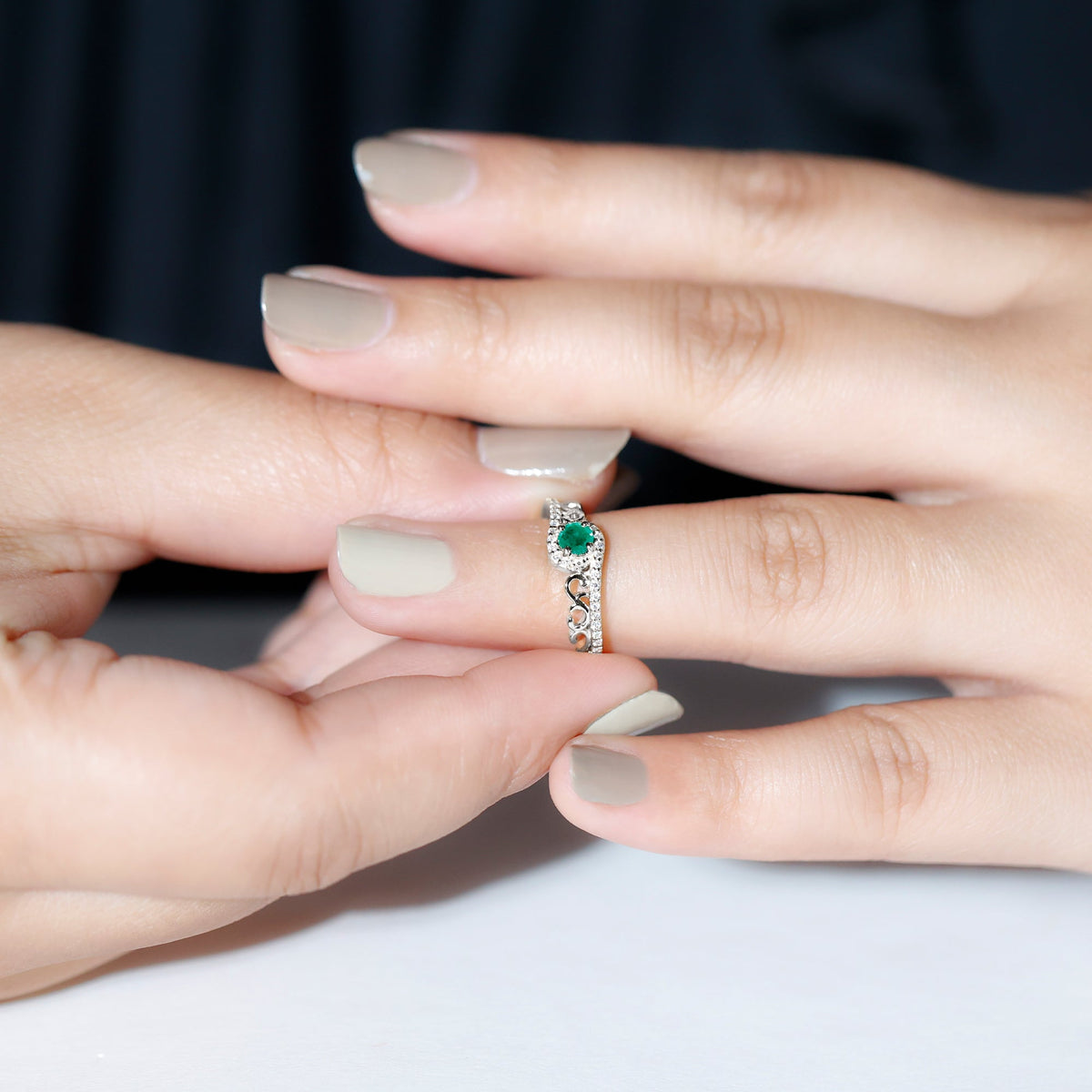 Vintage Style Emerald Engagement Ring with Diamond Bypass Shank