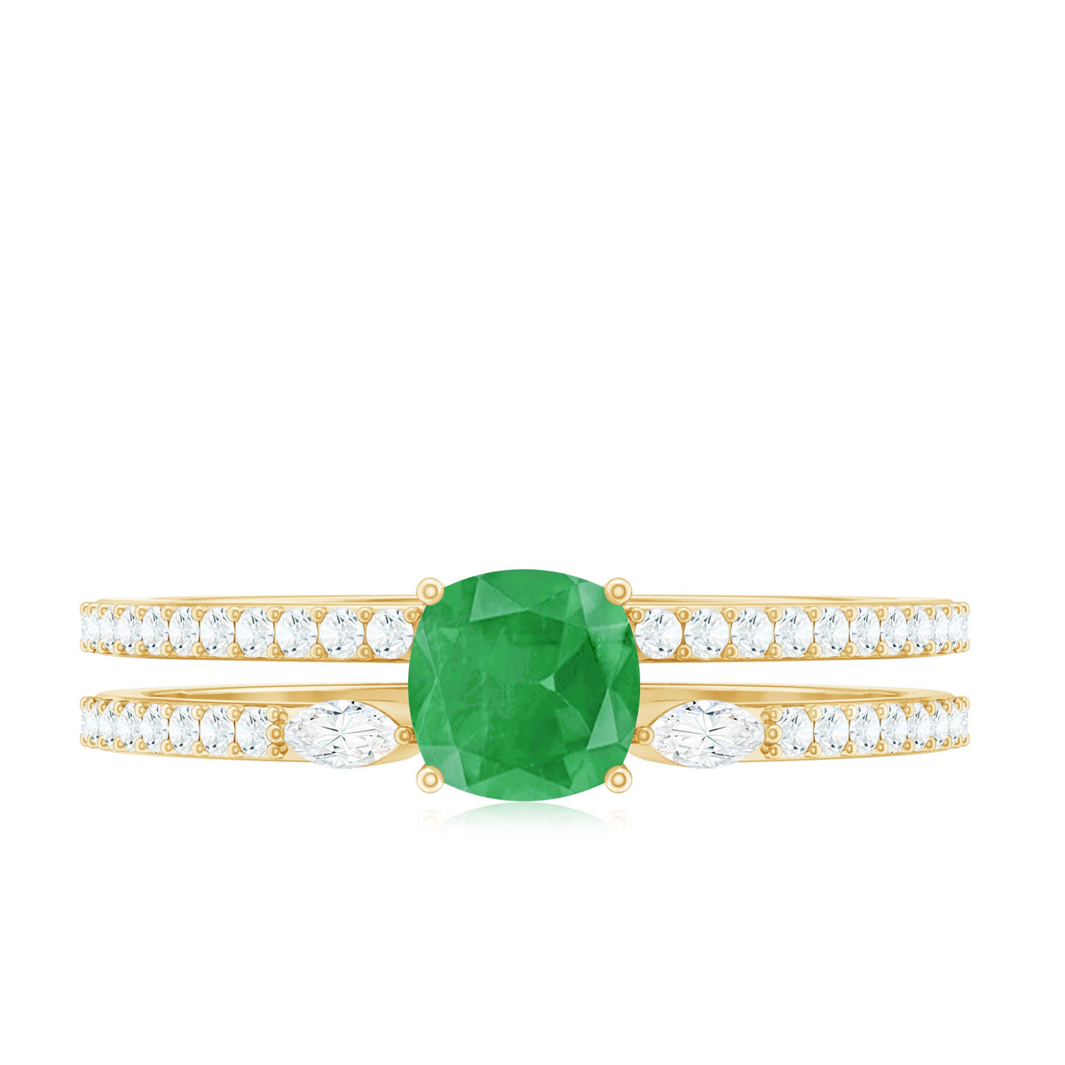 Natural Cushion Cut Emerald Diamond Double Band Engagement Ring