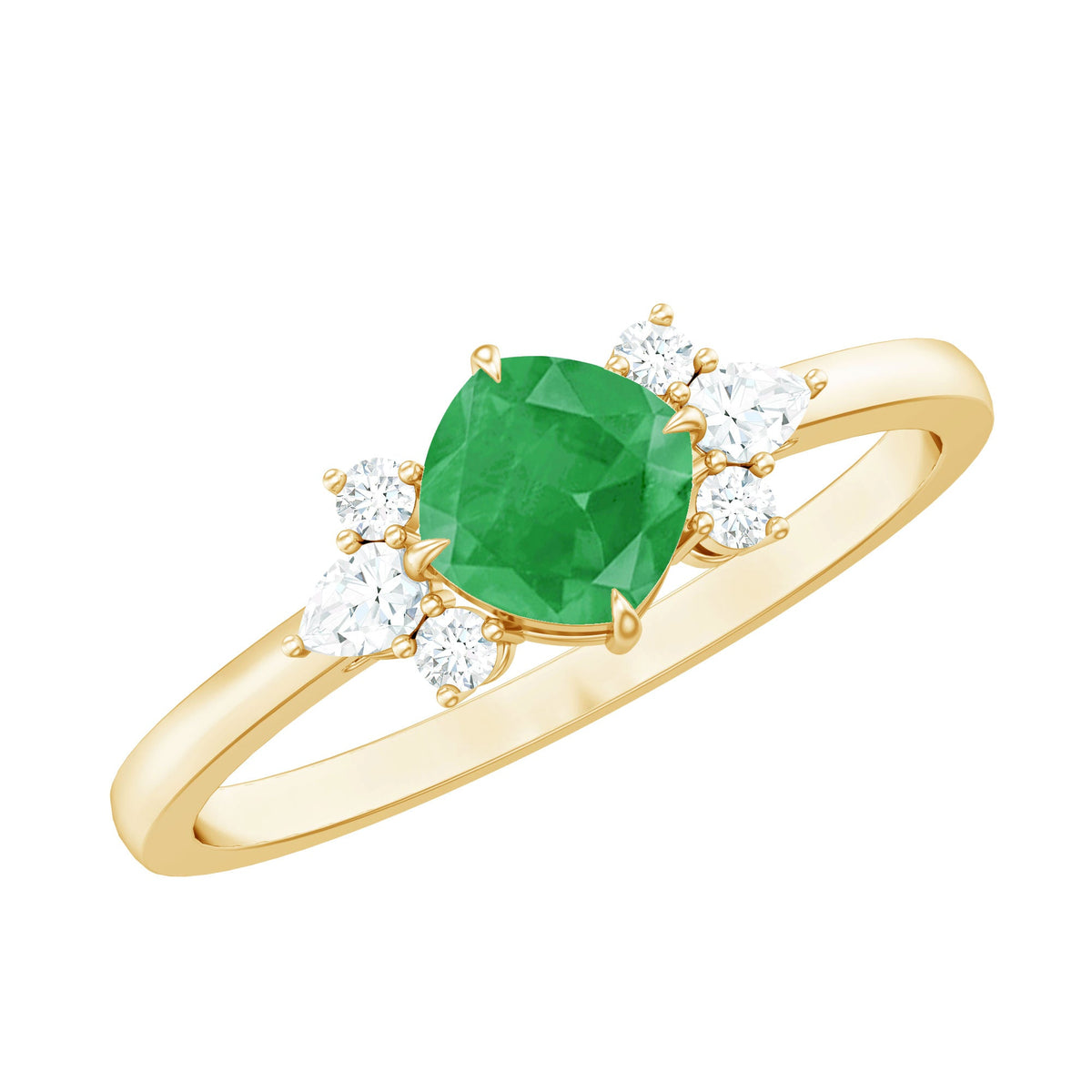 Certified Real Cushion Cut Emerald Engagement Ring with Diamond Trio