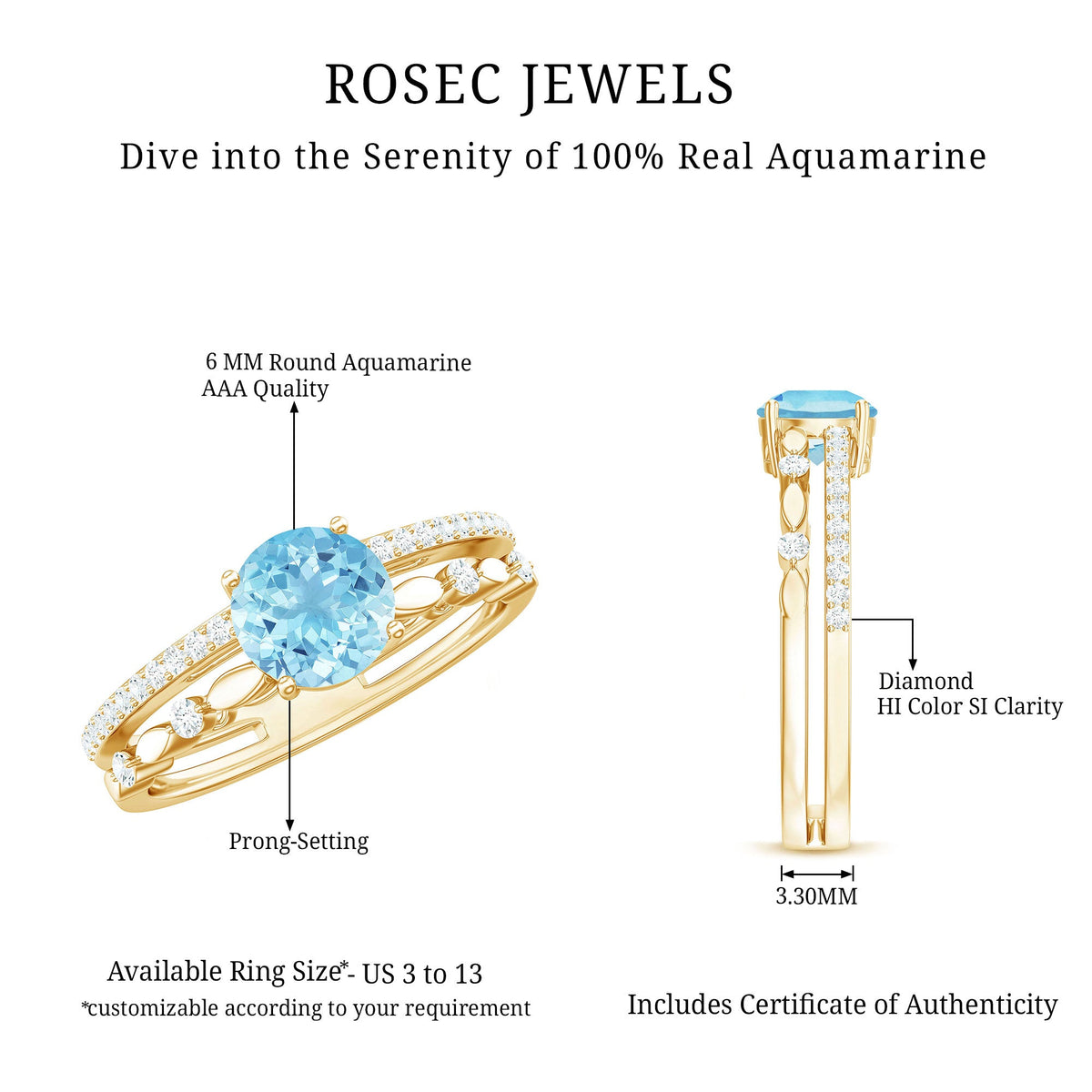 Natural Aquamarine Double Band Engagement Ring with Diamond
