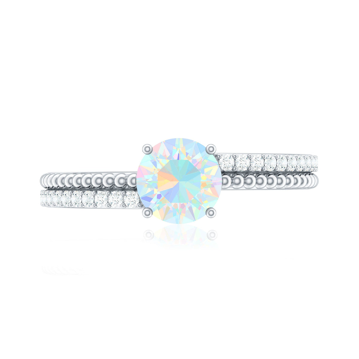 Natural Ethiopian Opal Diamond Solitaire Engagement Ring with Beaded Detailing