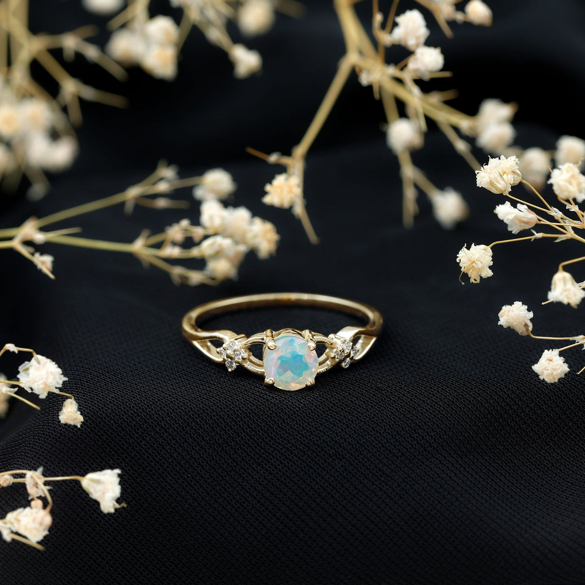 Natural Ethiopian Opal Crossover Engagement Ring with Floral Diamond