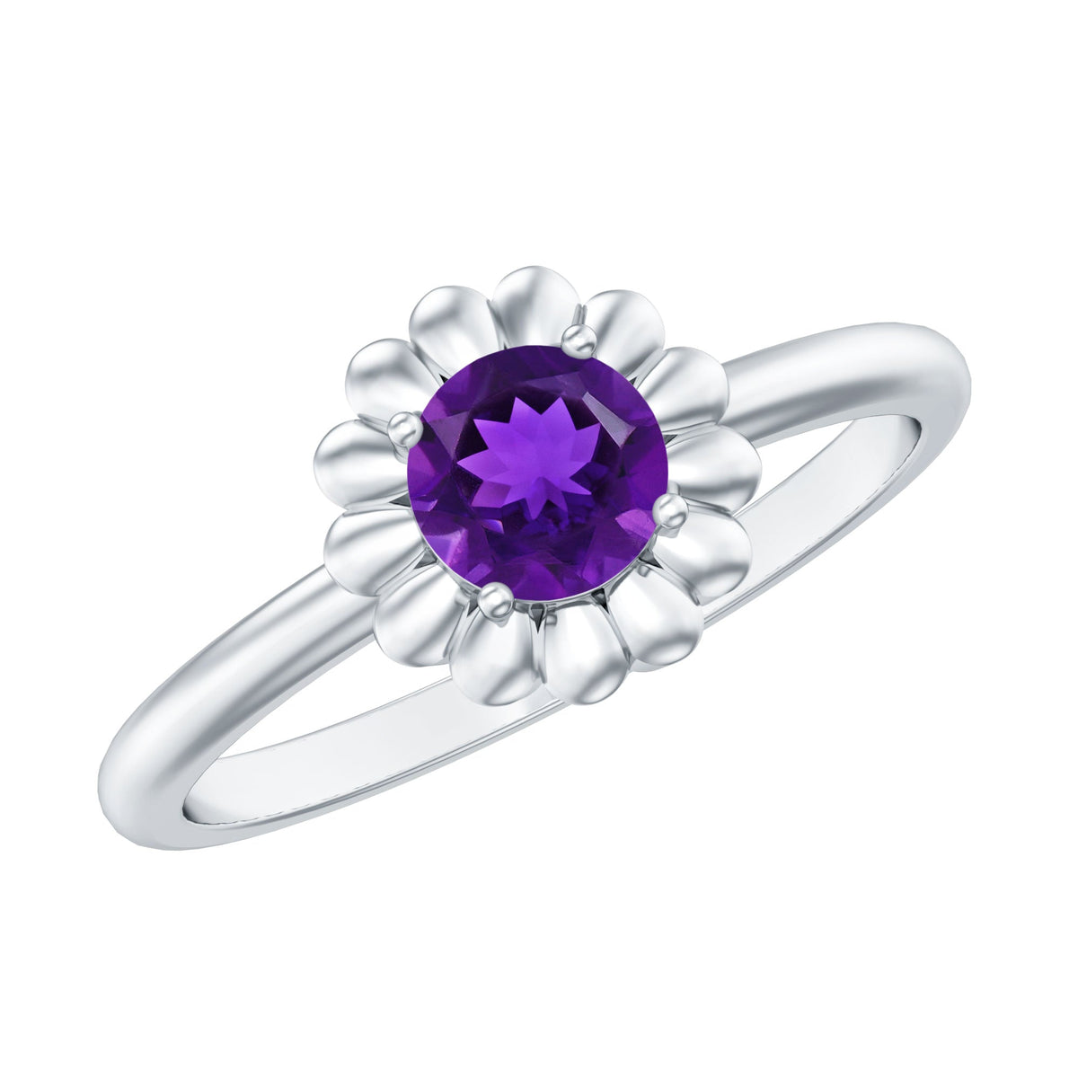 Round Cut Solitaire Amethyst Flower Promise Ring