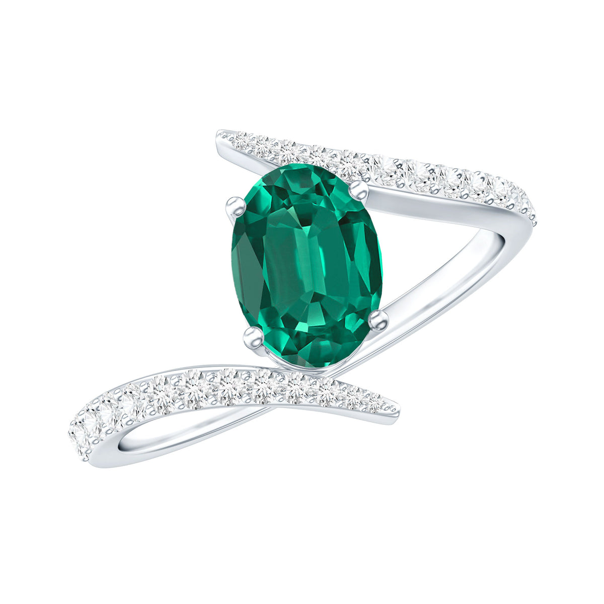 Certified 0.8 Carat Oval Cut Lab Grown Emerald Engagement Ring with Diamond Bypass Shank