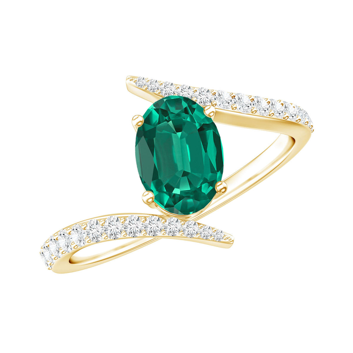 Certified 0.8 Carat Oval Cut Lab Grown Emerald Engagement Ring with Diamond Bypass Shank