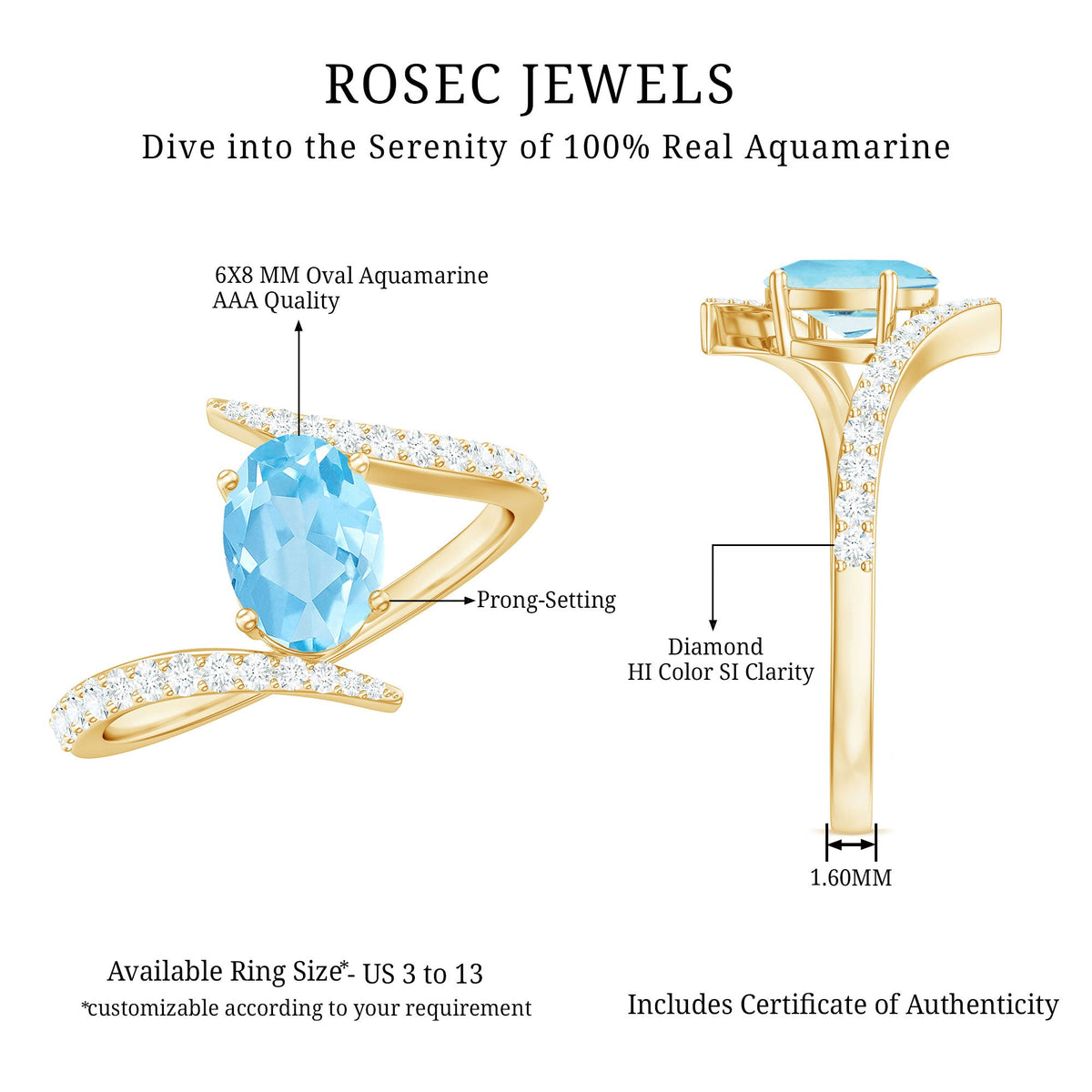 Natural Aquamarine Oval Engagement Ring with Diamond Bypass Shank