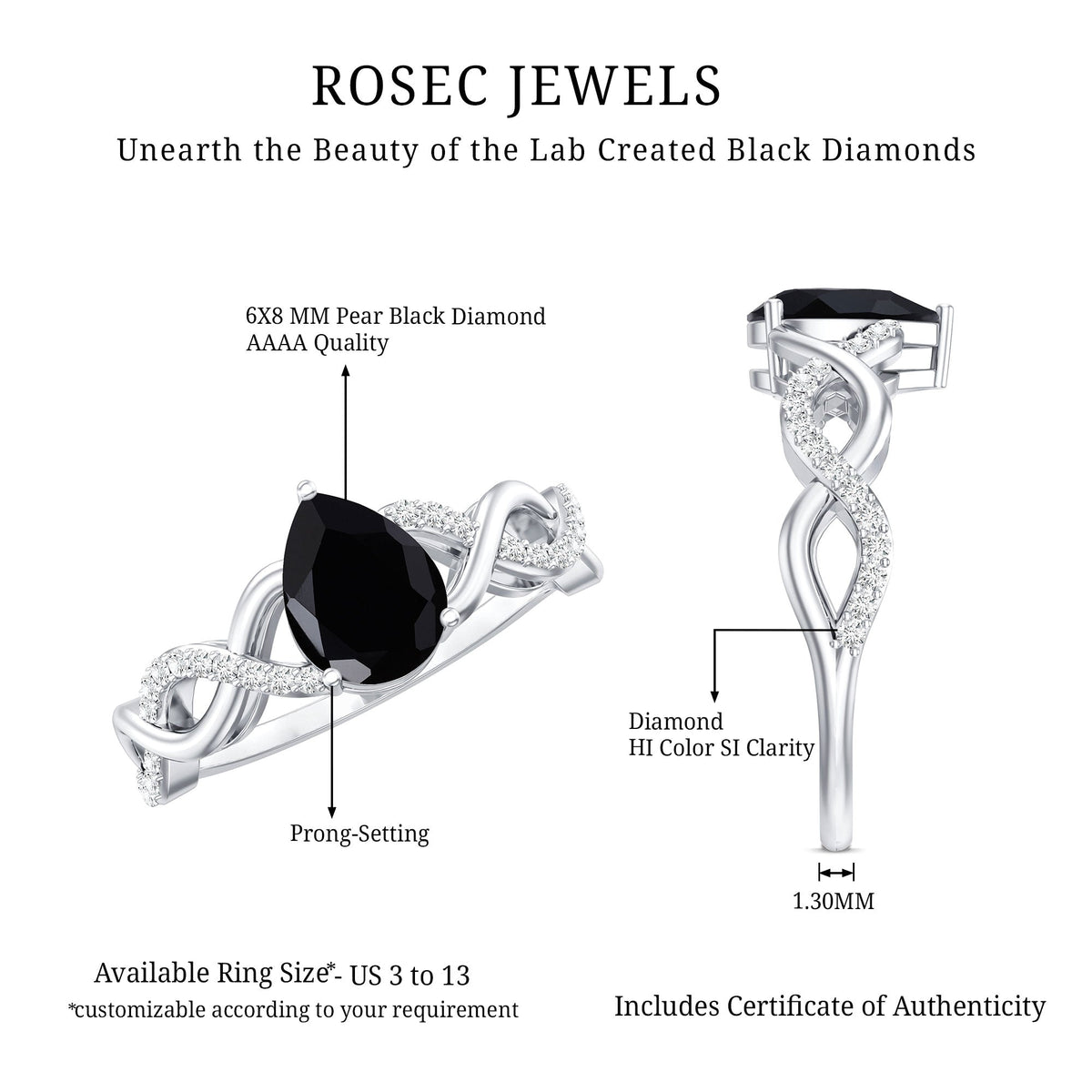 Pear Shape 0.85 Carat Lab Grown Black and White Diamond Engagement Ring with Crossover Shank