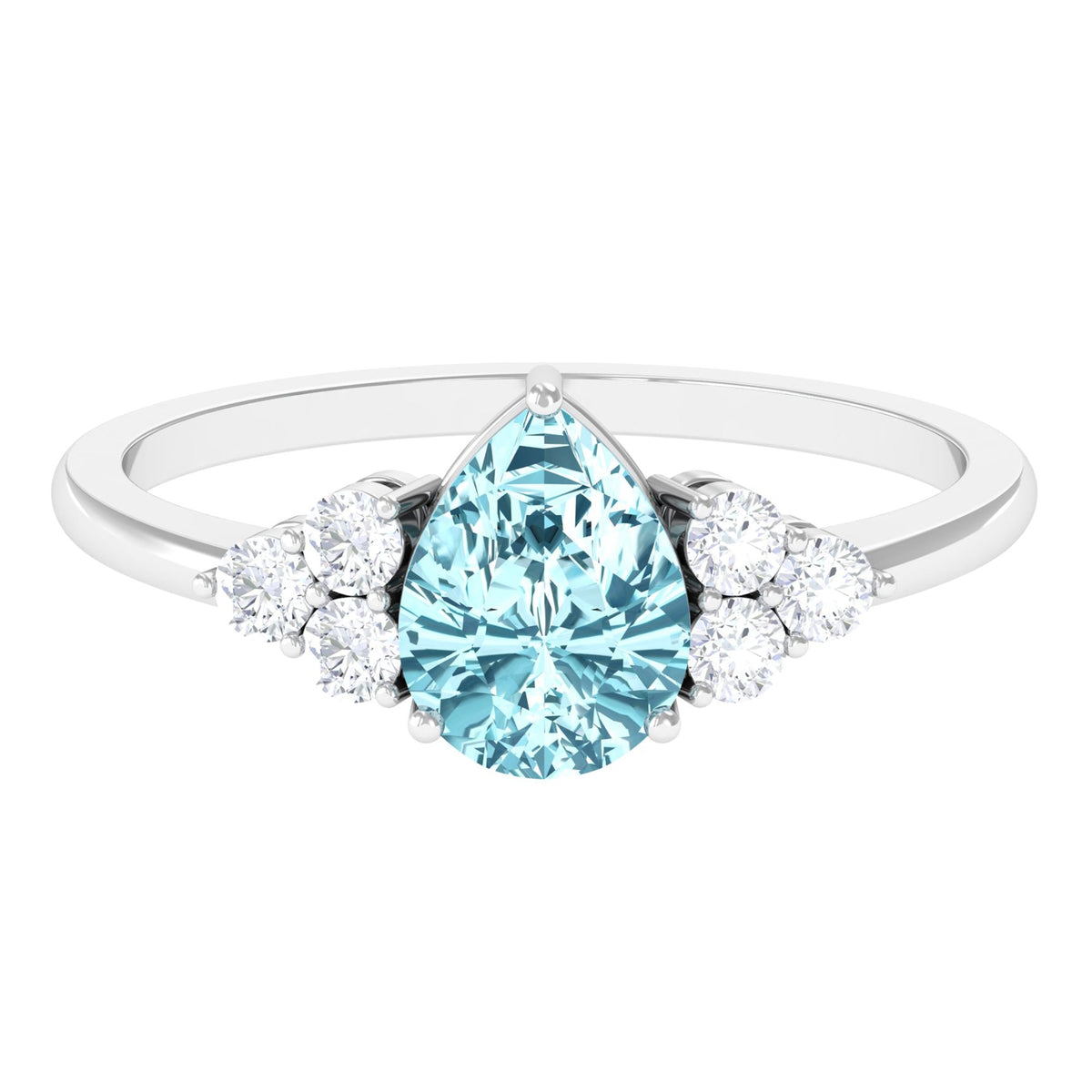Genuine Aquamarine Teardrop Engagement Ring with Diamond Trio