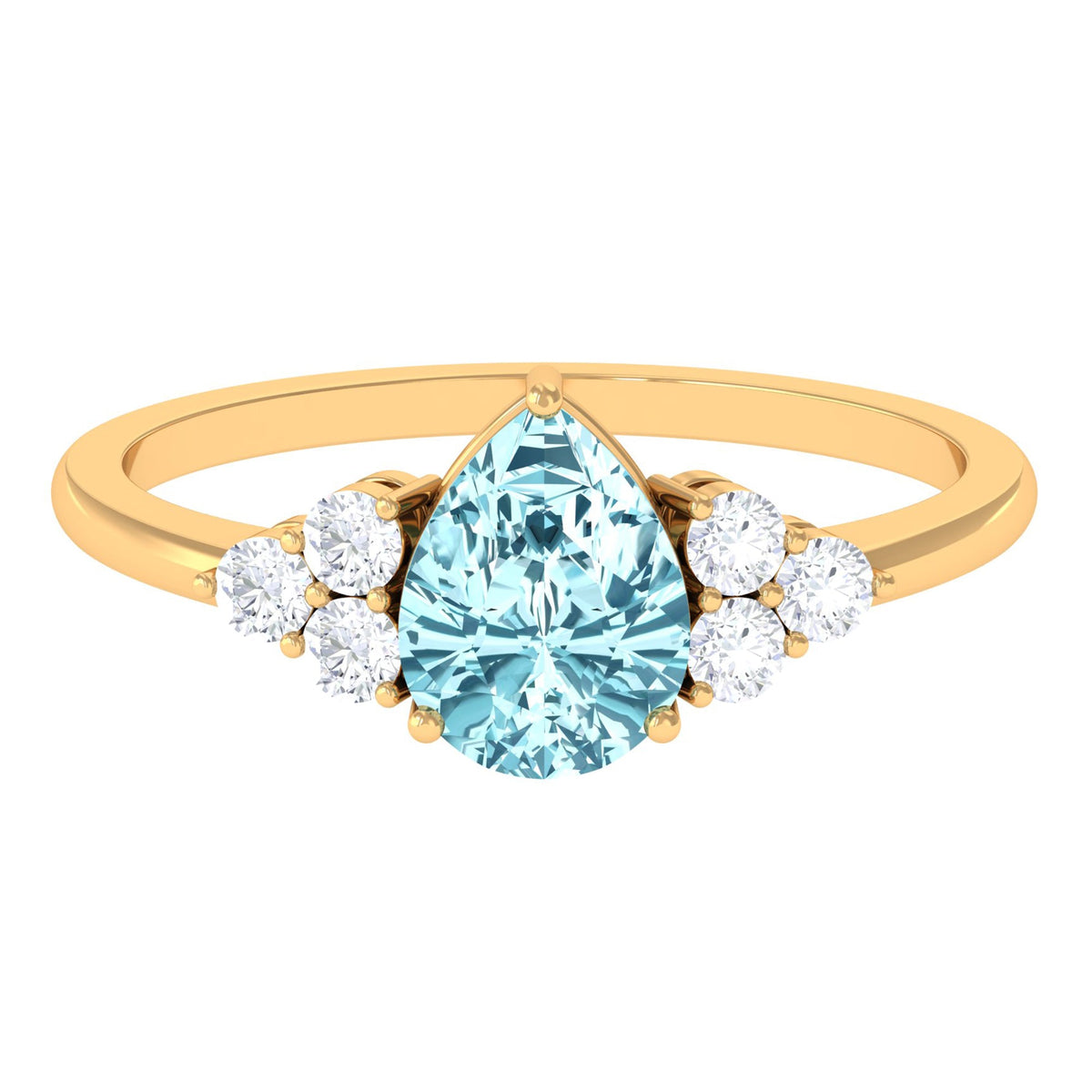 Genuine Aquamarine Teardrop Engagement Ring with Diamond Trio