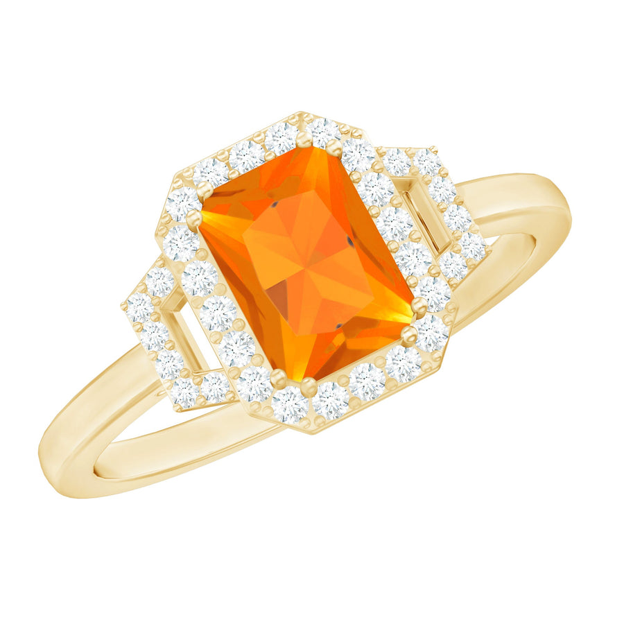 1 Carat Emerald Cut Fire Opal Engagement Ring with Diamond