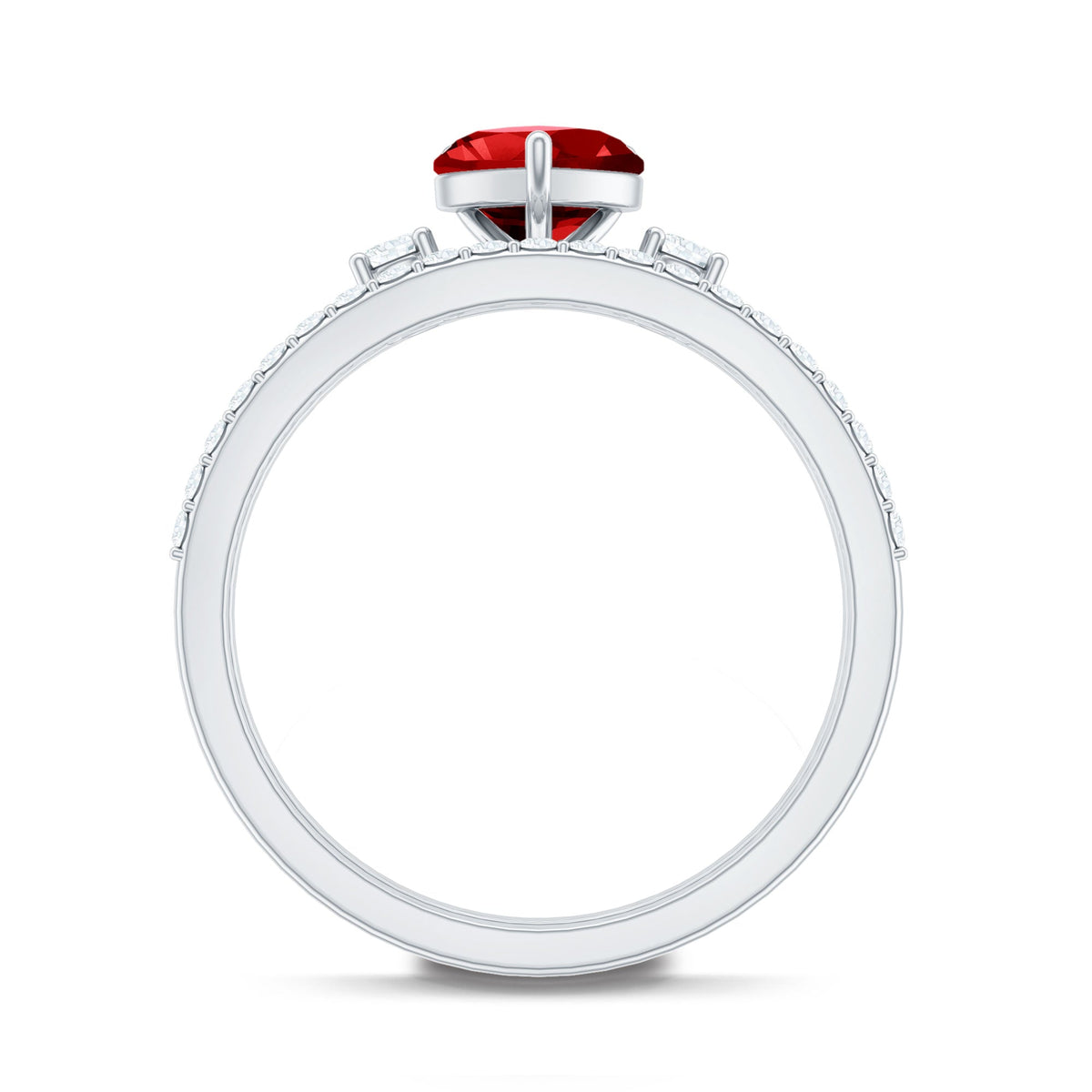Heart Shape Created Ruby Ring Set with Diamond Enhancer