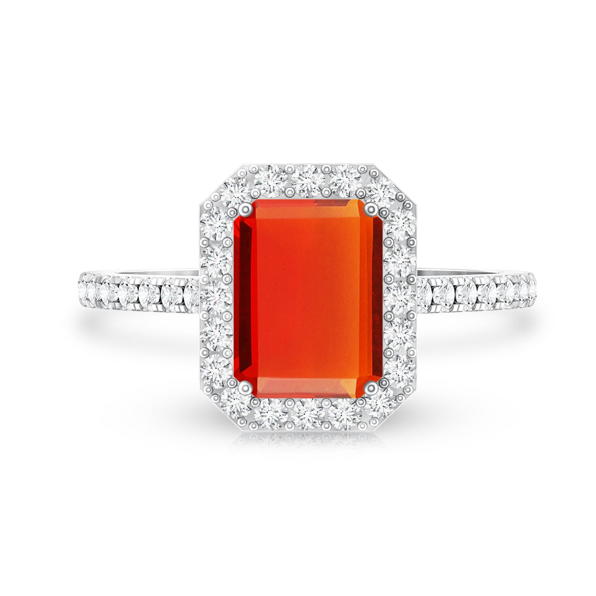 Emerald Cut Fire Opal Simple Engagement Ring with Diamond Halo