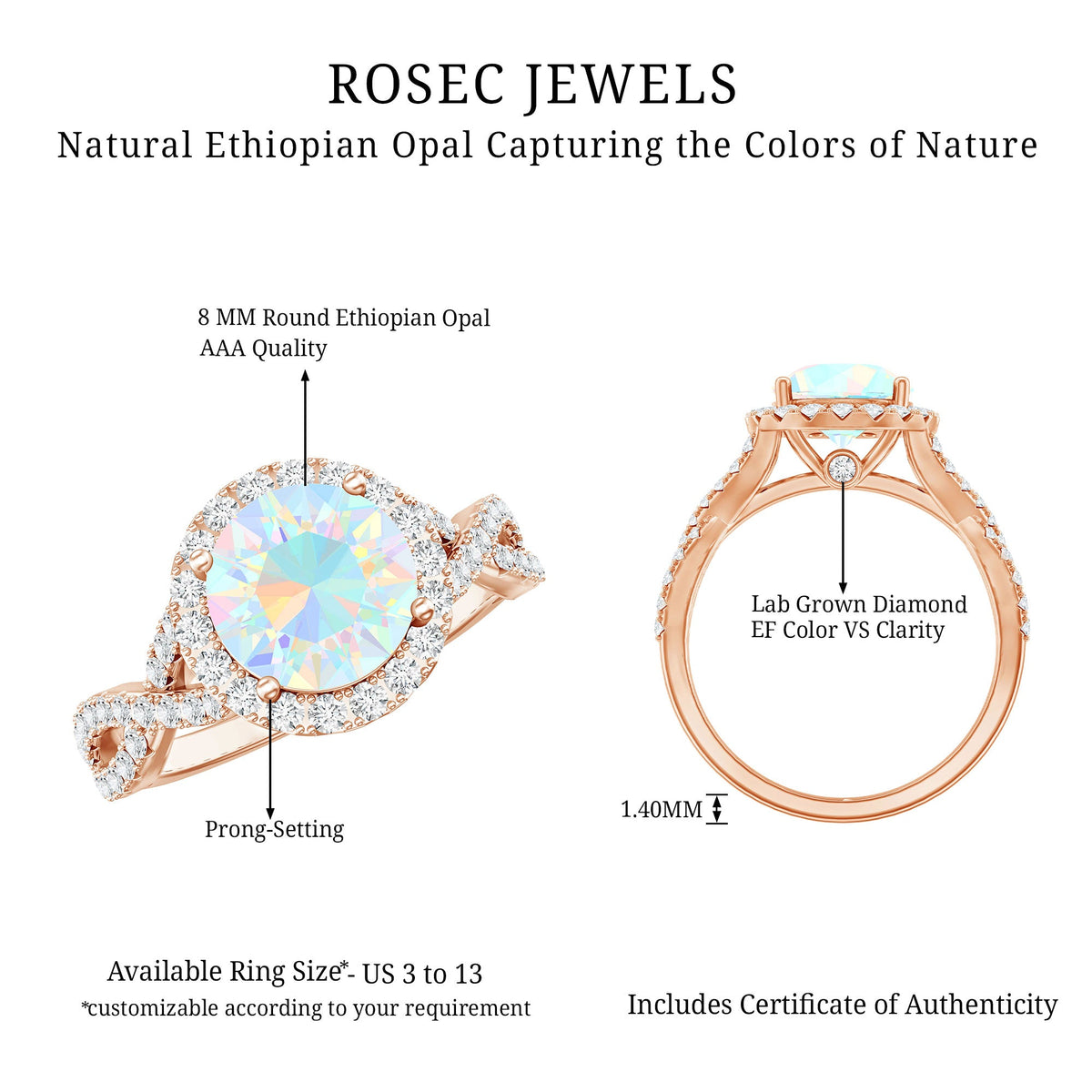 Real 2 Carat Ethiopian Opal Halo Engagement Ring with Crossover Shank