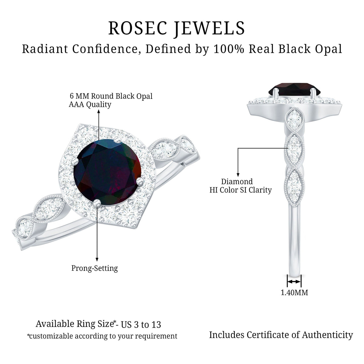 0.8 Carat Black Opal Vintage Engagement Ring with Diamond Accent