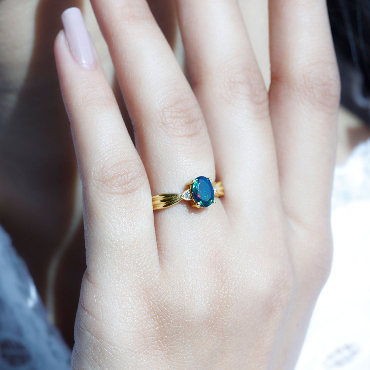 Oval Cut Natural Black Opal Designer Ring with Diamond
