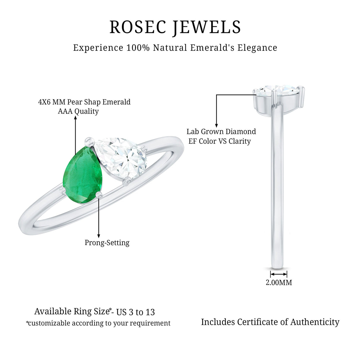 Natural Pear Shape Emerald Diamond 2 Stone Promise Ring