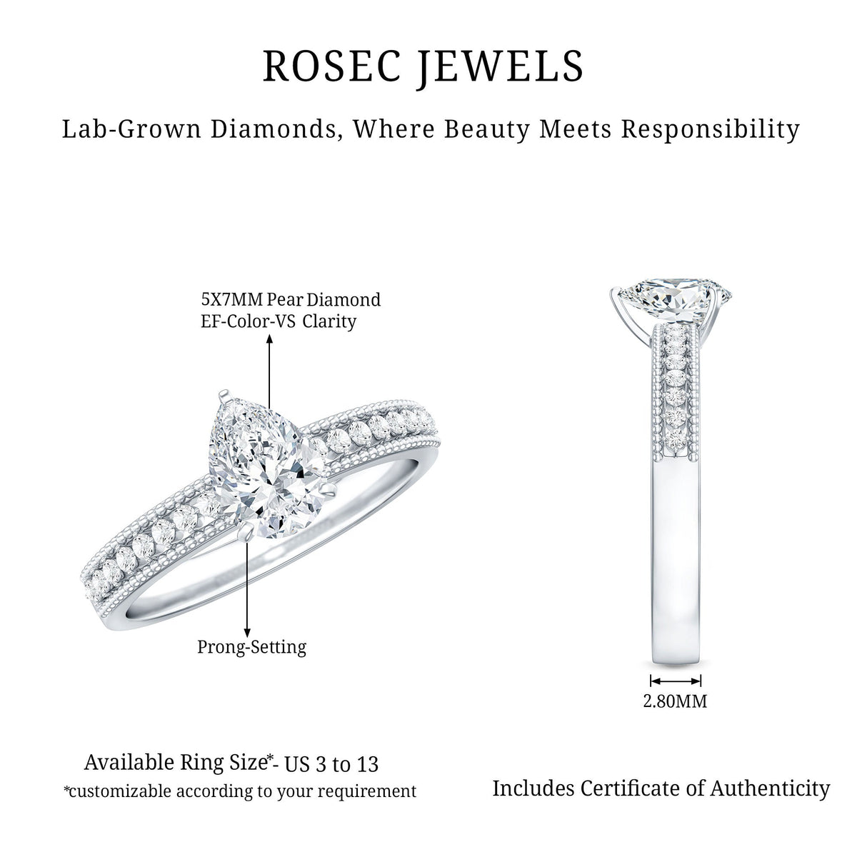 Pear Shaped Lab Grown Diamond Solitaire Engagement Ring