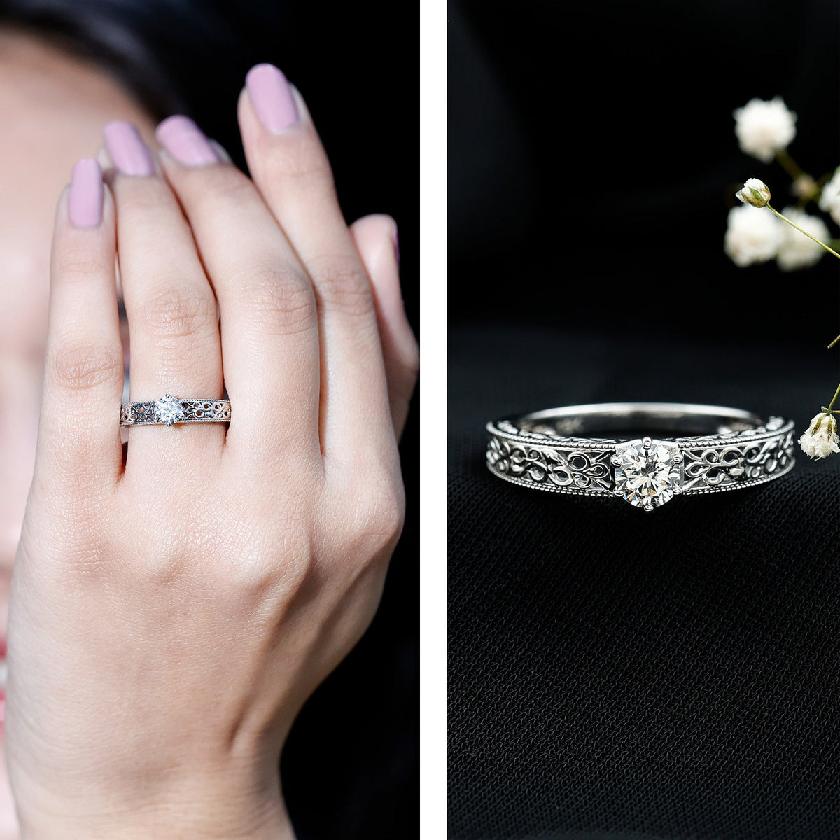 Vintage Inspired Solitaire Lab Grown Diamond Filigree Ring
