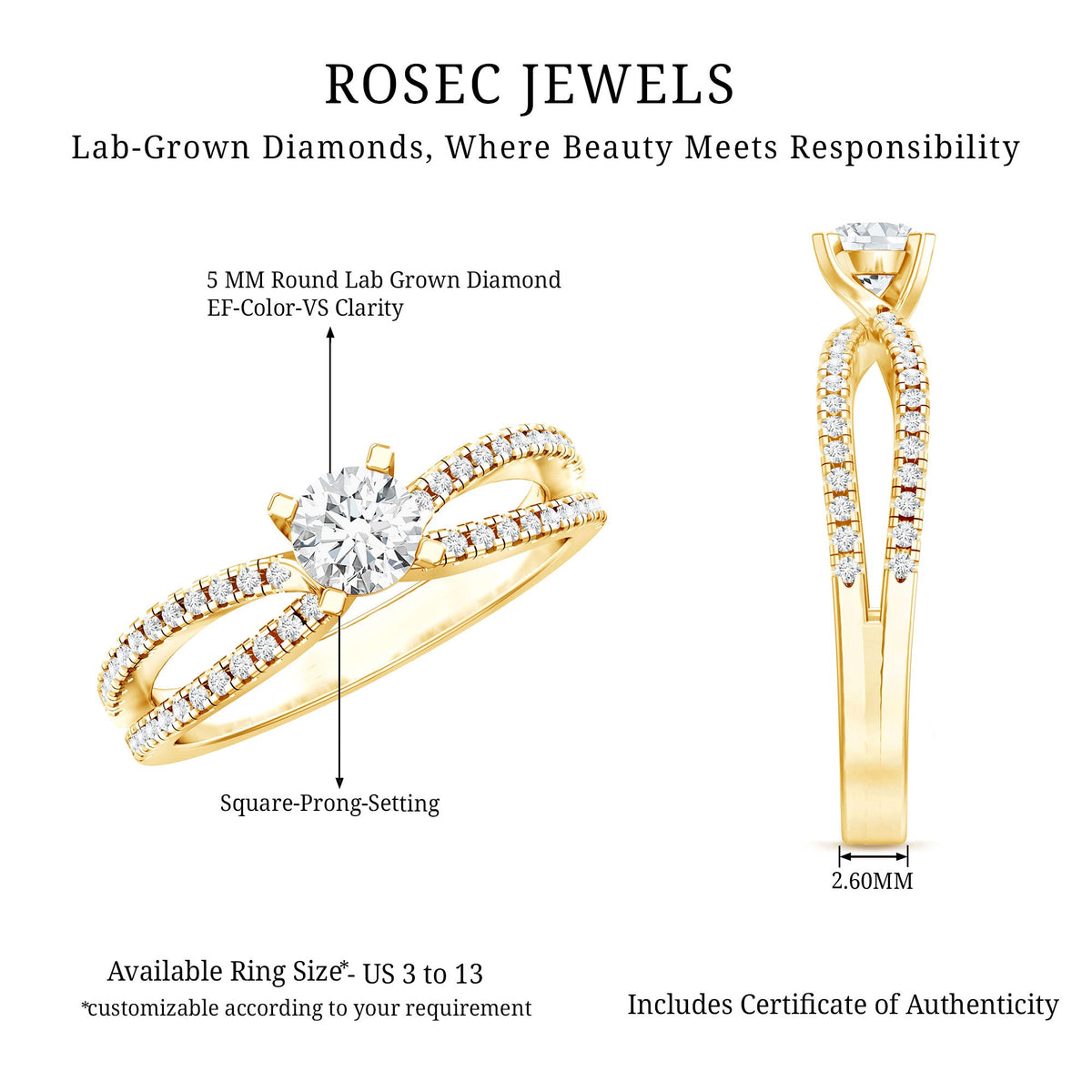 Solitaire Lab Grown Diamond Split Shank Engagement Ring