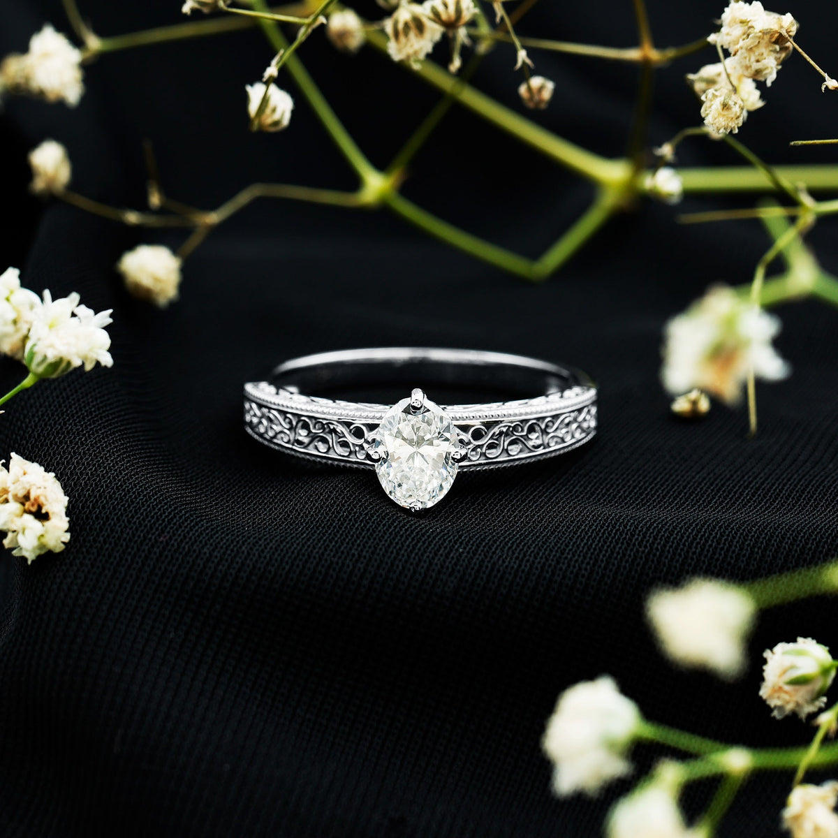 Oval Shape 1.2 Carat Lab Grown Diamond Filigree Engagement Ring