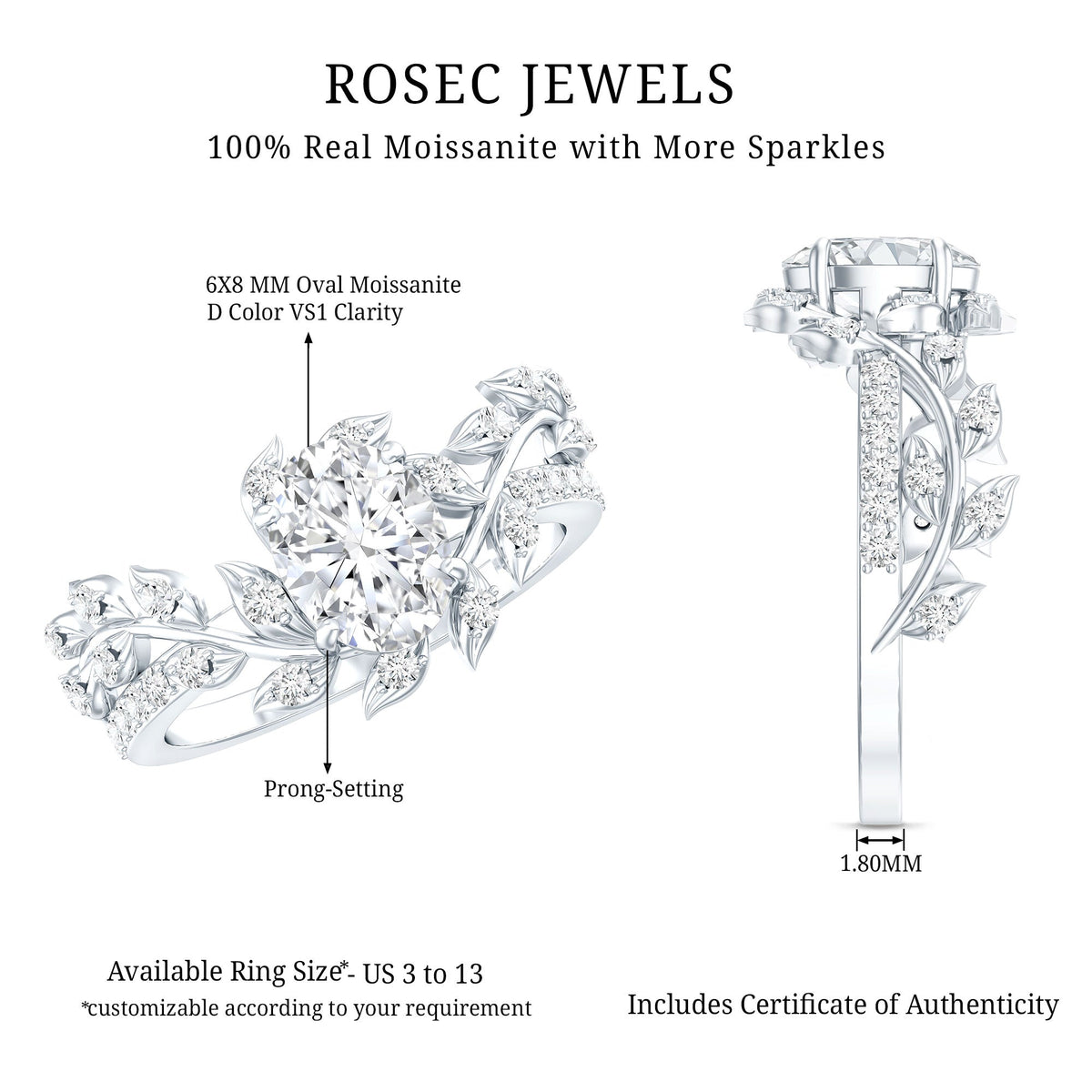 Certified 1.2 Carat Moissanite Vine Engagement Ring in Silver