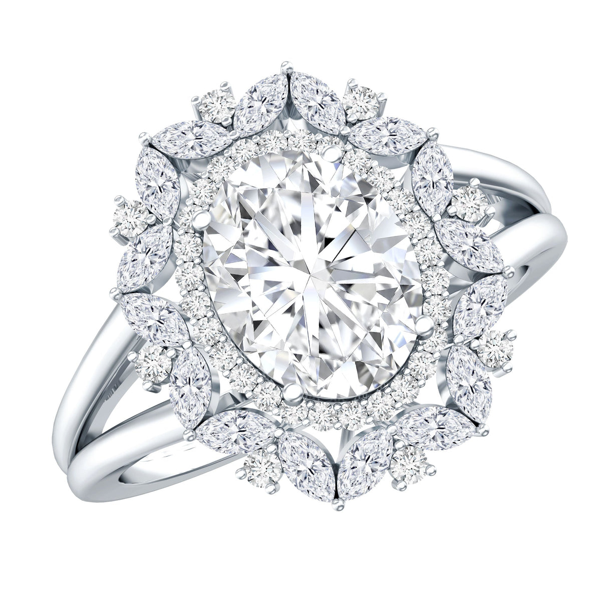 Certified 2 Carat Oval Moissanite Double Halo Engagement Ring