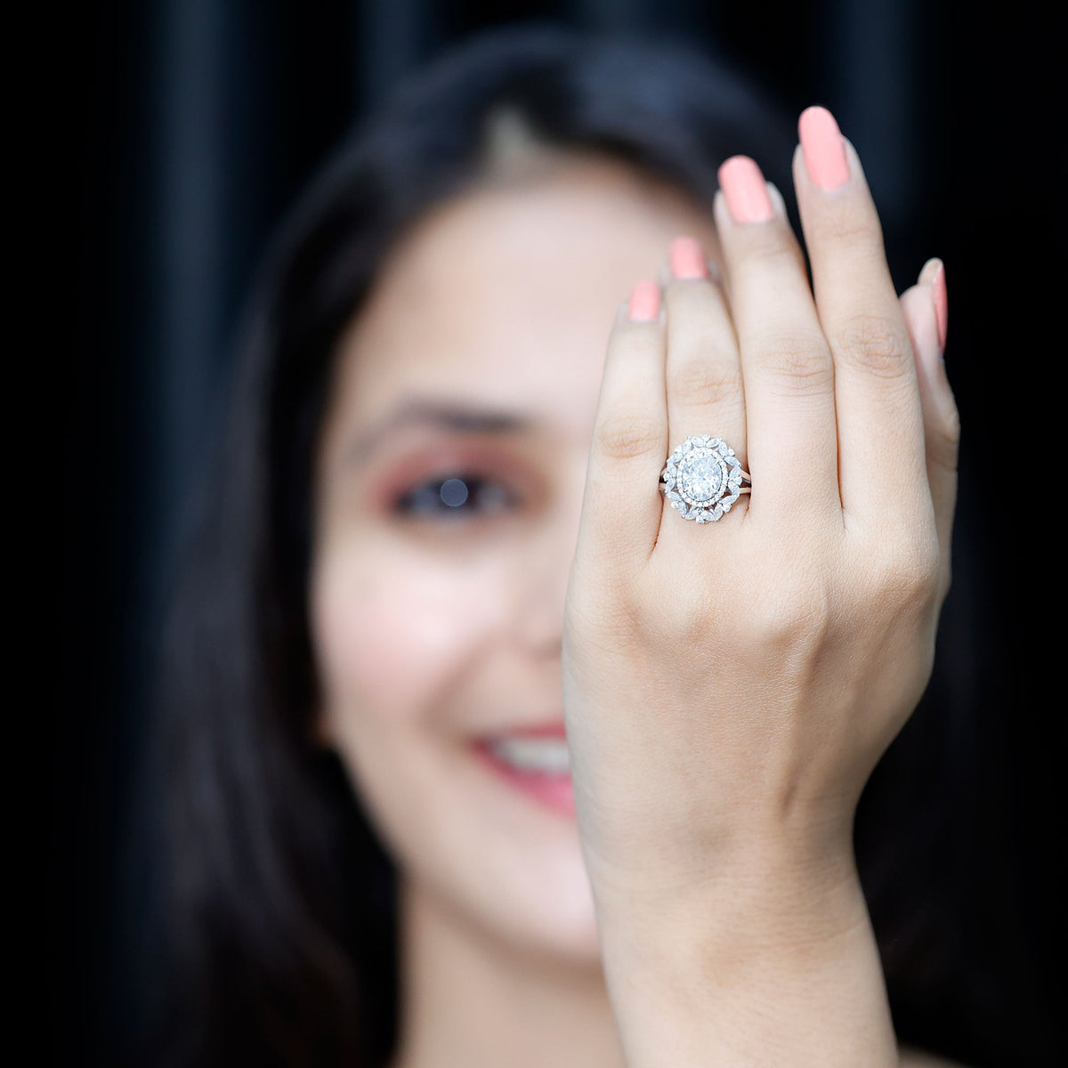 Certified 2 Carat Oval Moissanite Double Halo Engagement Ring