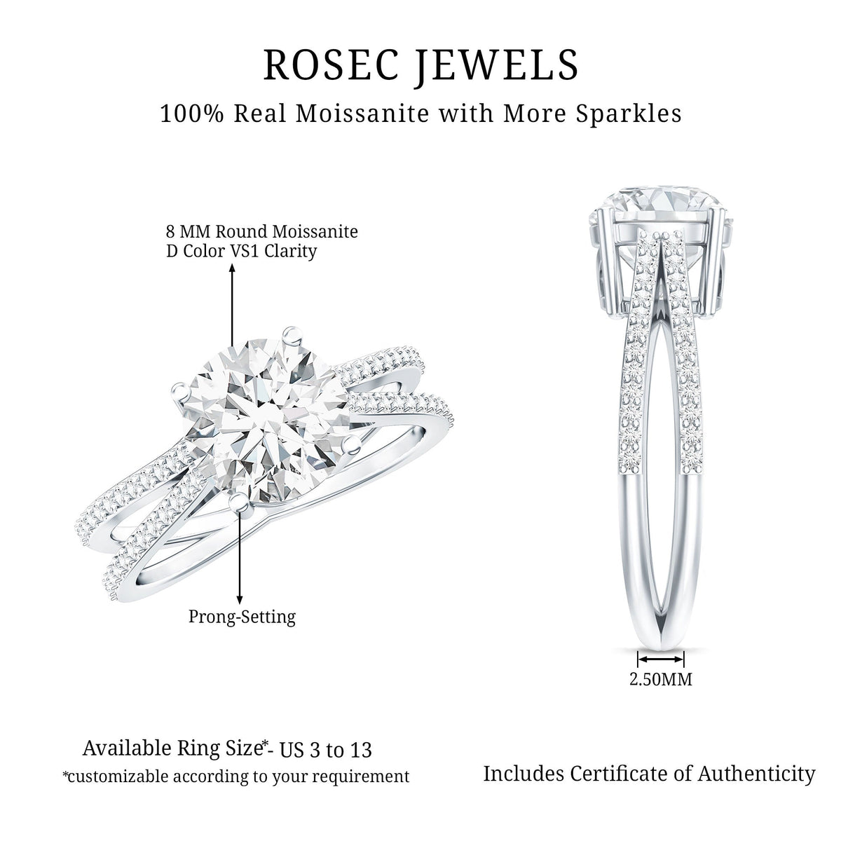 Solitaire Moissanite 2 Carat Engagement Ring with Split Shank