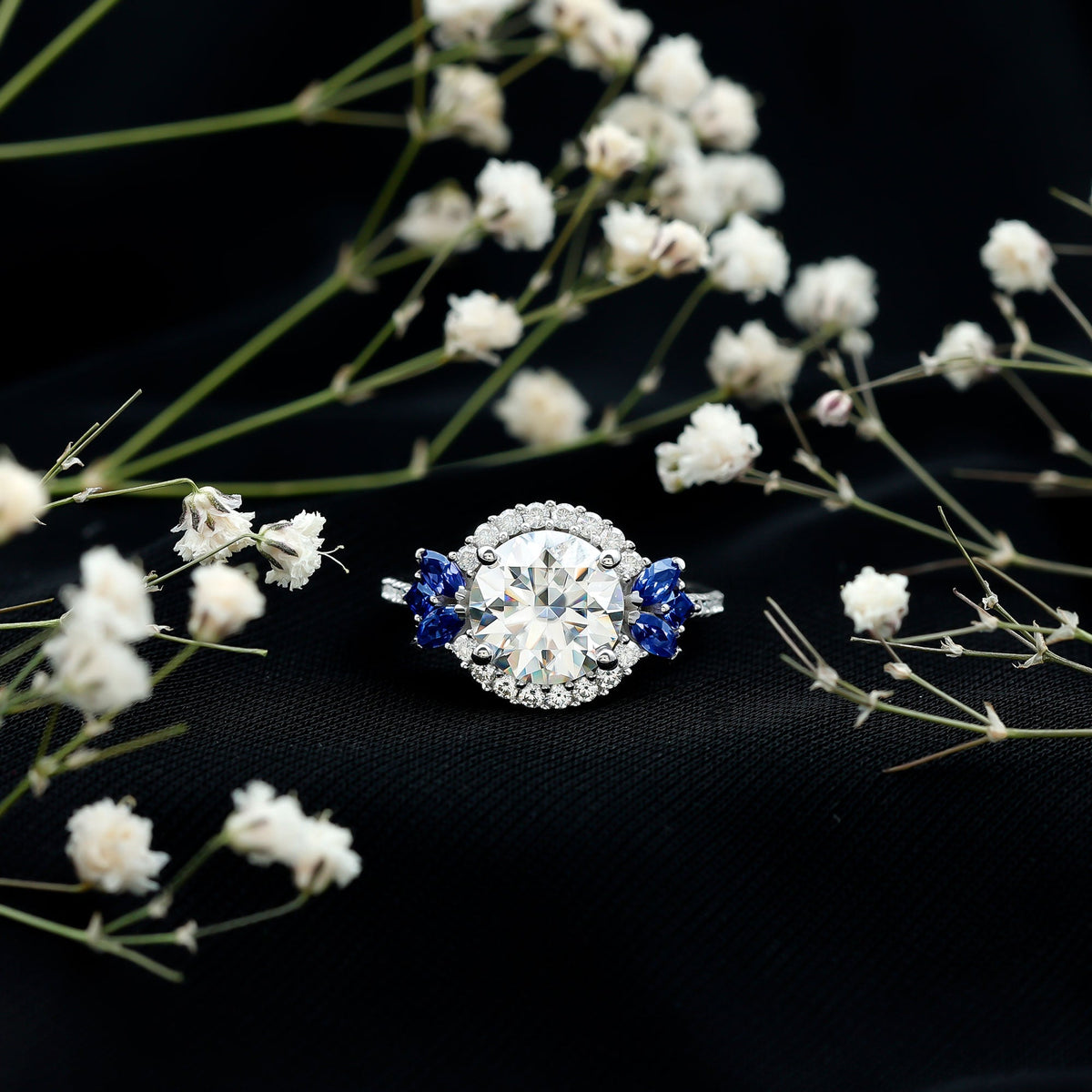 Certified Moissanite 3 Carat Engagement Ring with Lab Grown Blue Sapphire