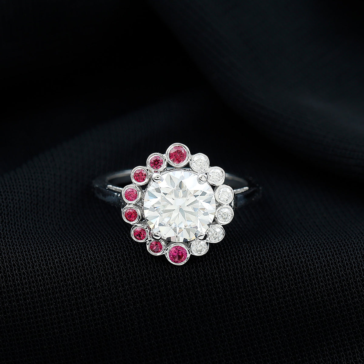 Certified 2 Carat Moissanite Designer Engagement Ring with Lab Grown Ruby